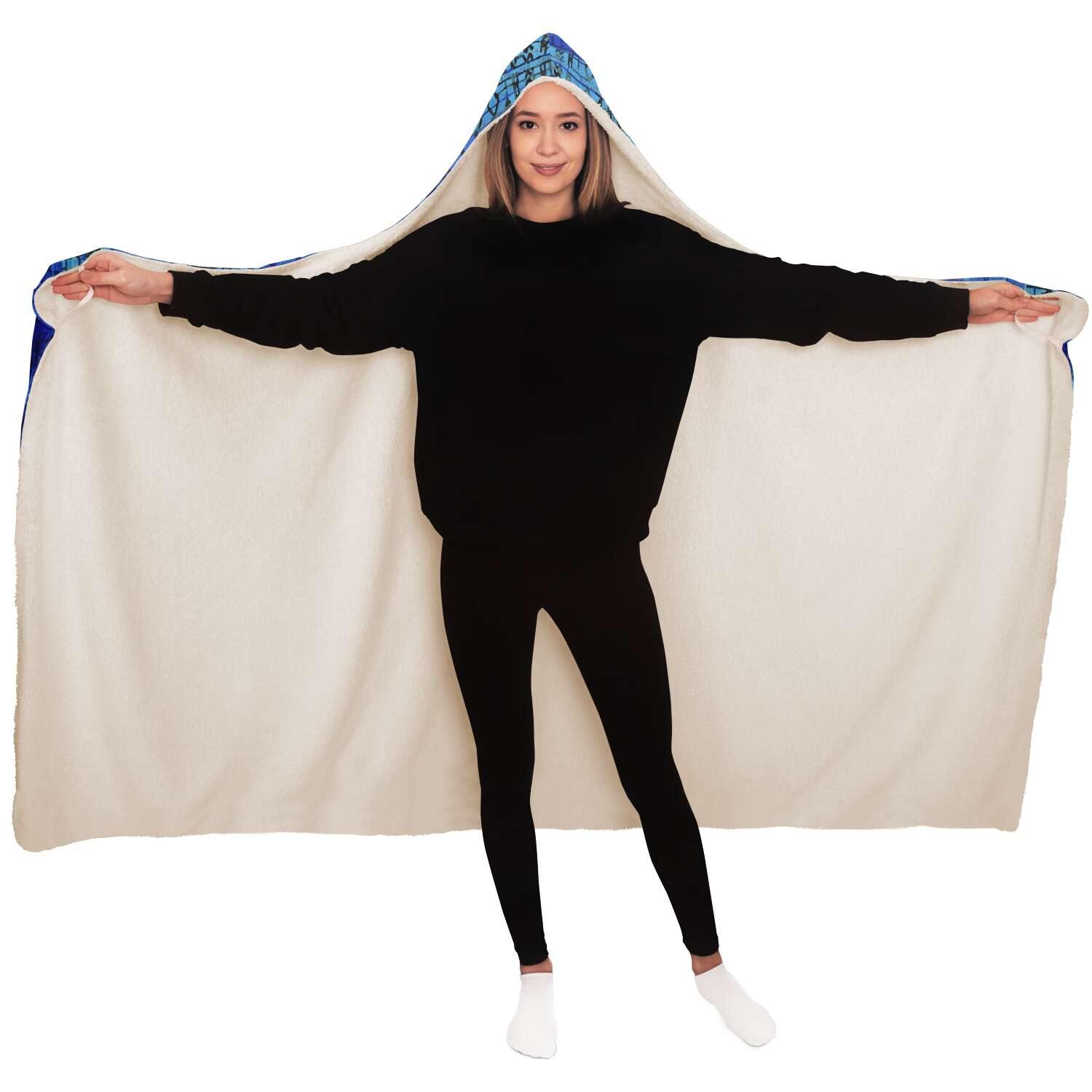 8-Bit Blue Glitch Hooded Blanket