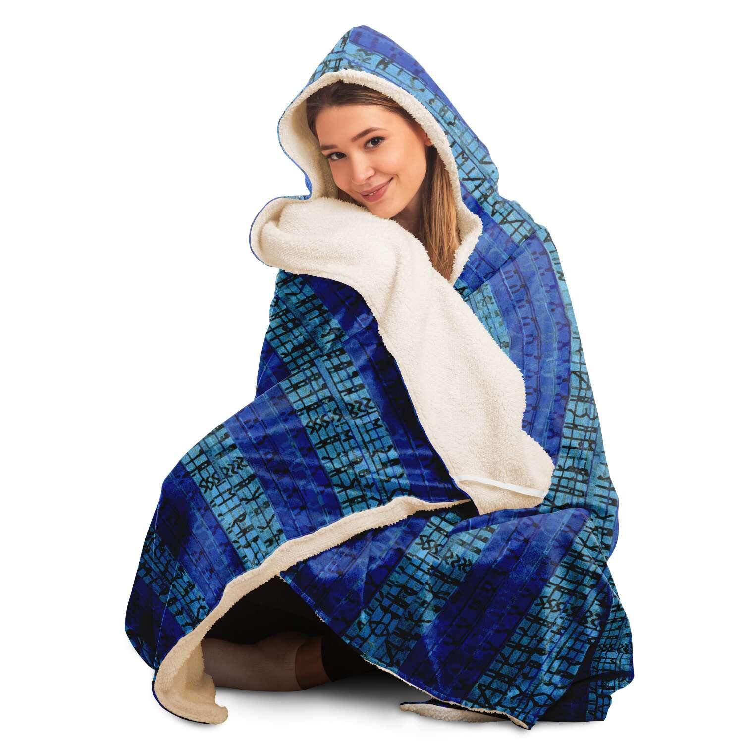 8-Bit Blue Glitch Hooded Blanket