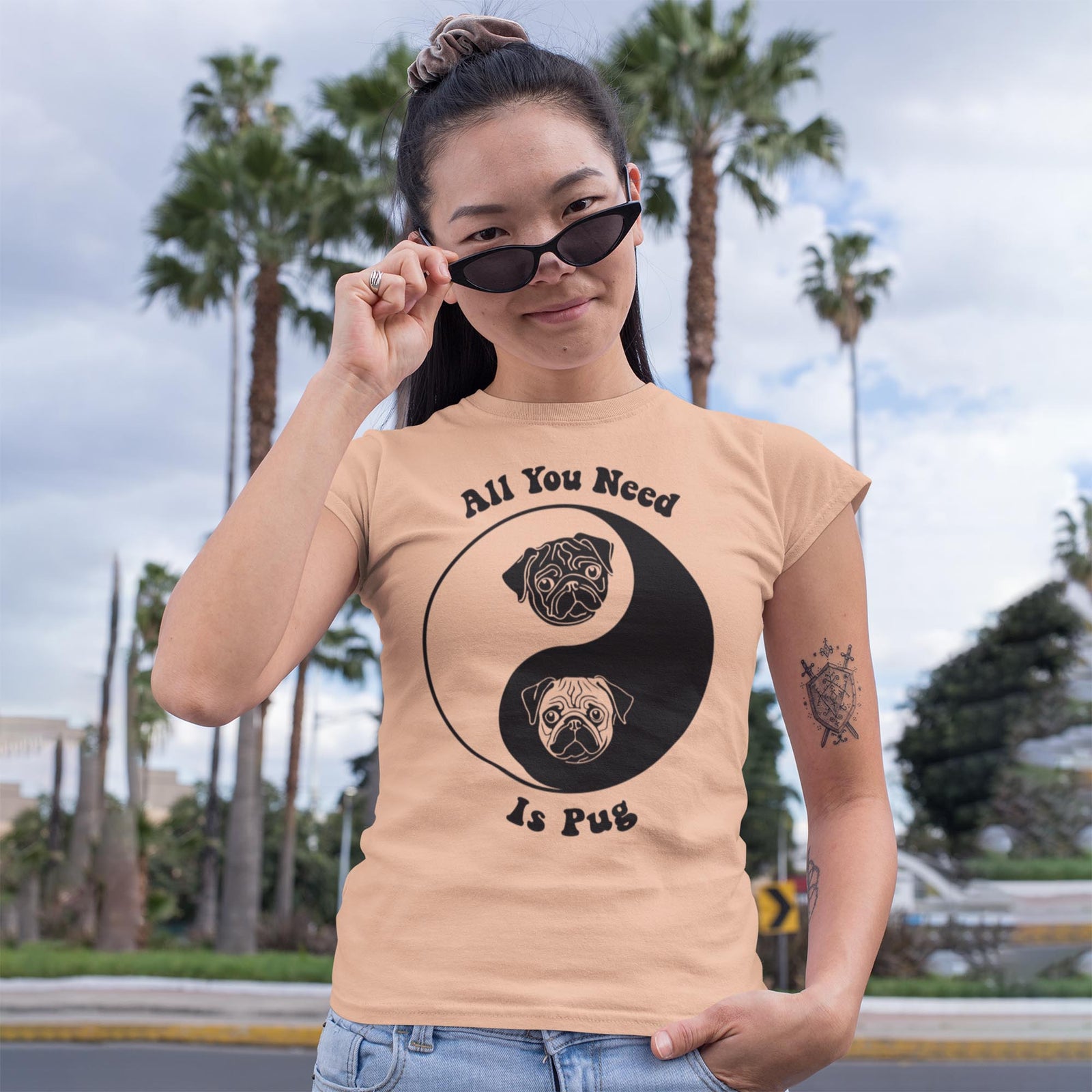 All You Need Is Pug | Kawai Cute Dog Pet Lovers | 60s Hippy Yin Yang Tai Qi Graphic Art T-Shirt