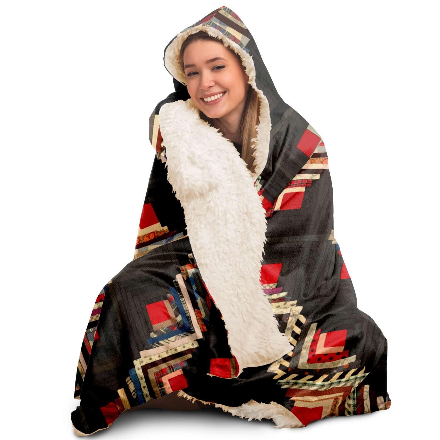 American Log-Cabin Quilt Tradi Traditional Antique Vintage Geometric Hooded Blanket