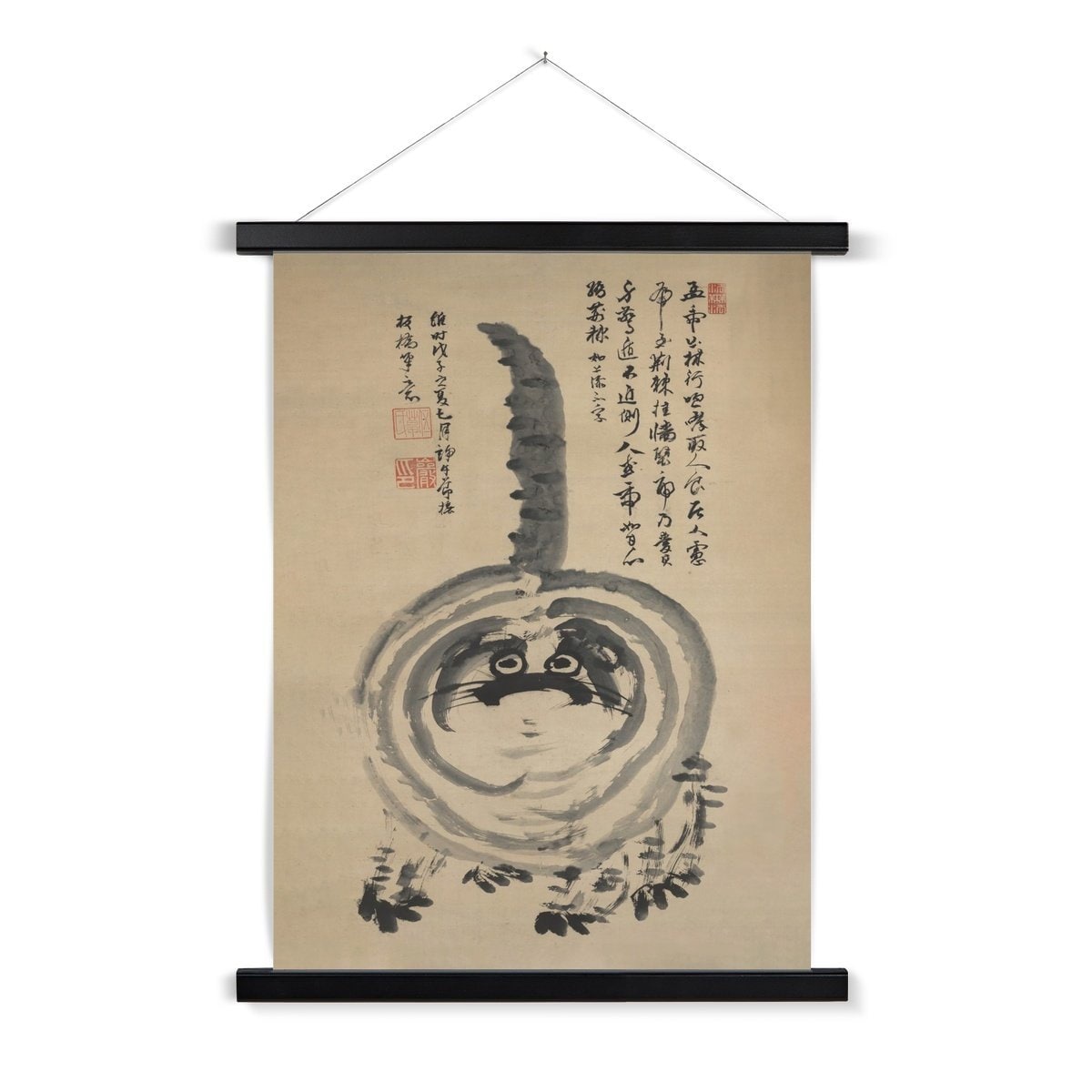 Antique "Chonk" Fat Housecat, Zen Gift Hakuin Sumi-E Japanese Kawaii Cute Pet Kitty Cat Brush Painting Fine Art Print with Hanger