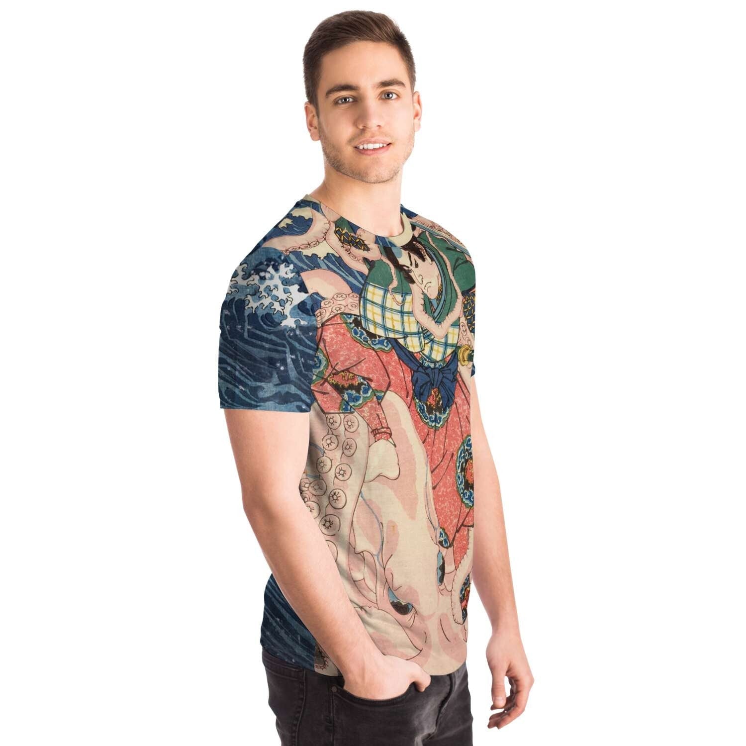 Ario-Maru Fighting a Giant Octopus with a Sword on the Seashore | Utagawa Kuniyoshi Japanese Vintage Woodblock Ukiyo-e Samurai T-Shirt Tee