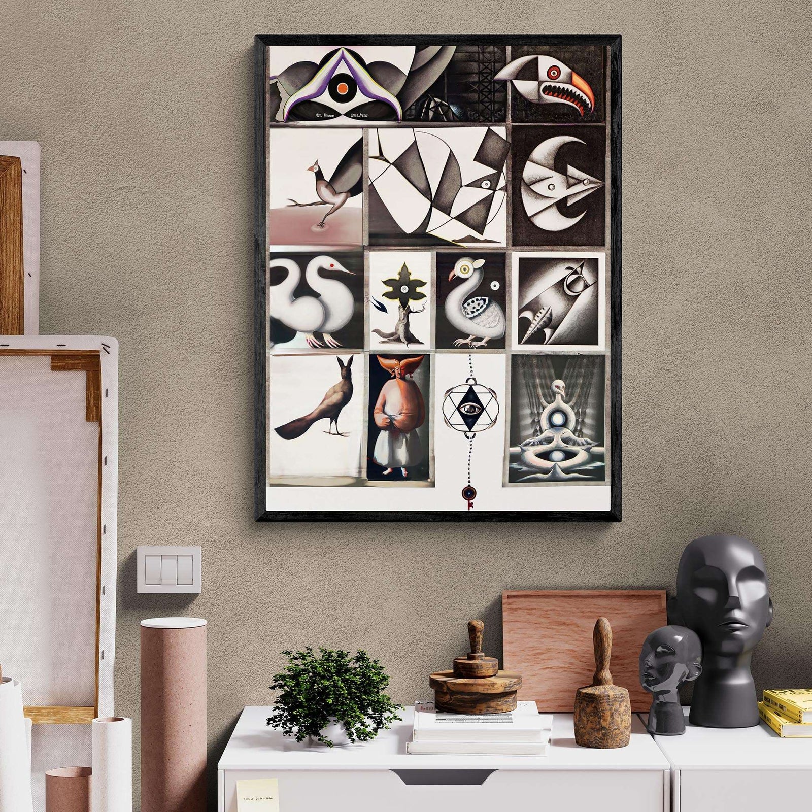 Aviary: Original Surrealist Art | Crow, Raven, Owl, Weird, Strange, Digital Art | Bird Lover Watching, Cubist Framed Giclee Fine Art Print