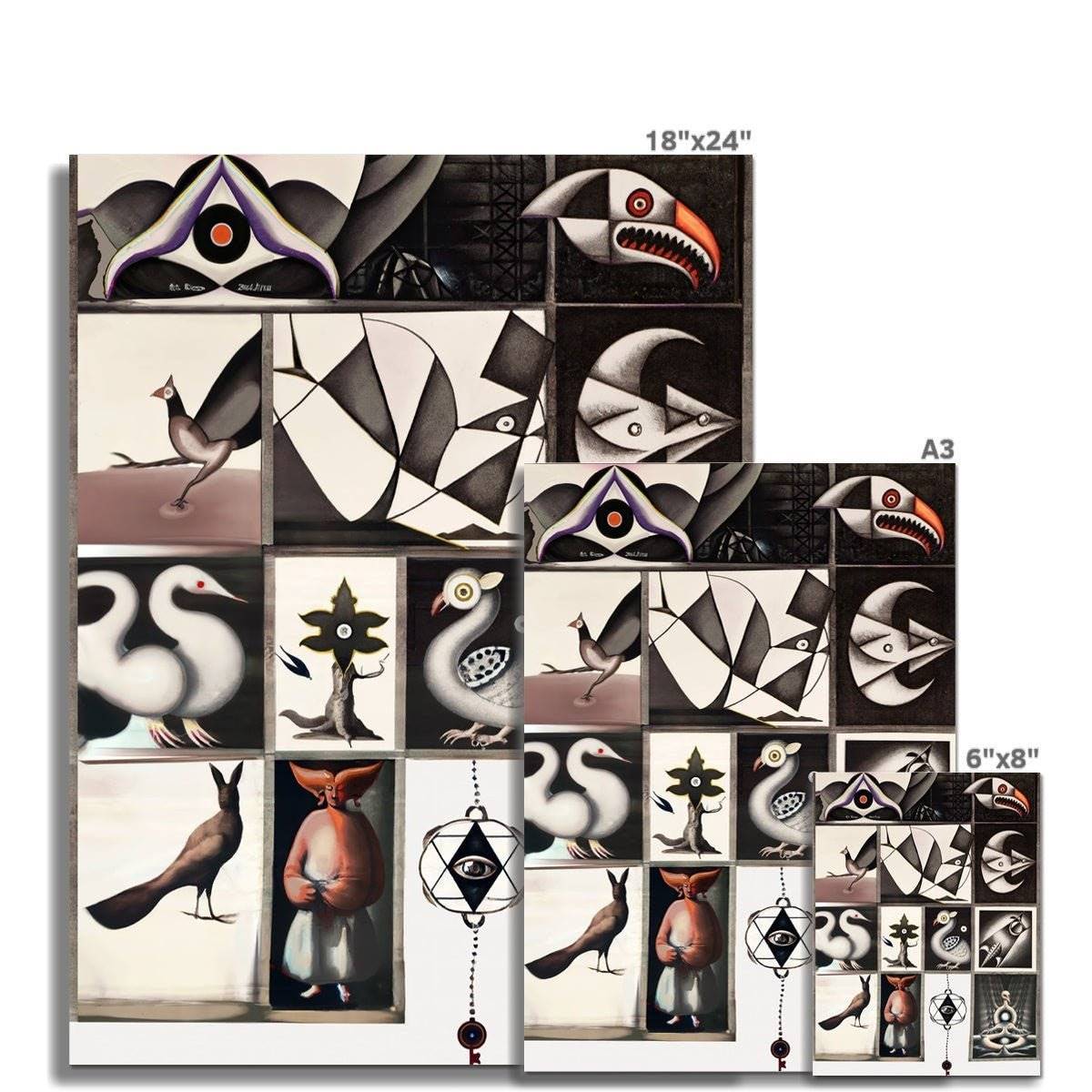 Aviary: Original Surrealist Art | Crow, Raven, Owl, Weird, Strange, Digital Art | Bird Lover Watching, Cubist Framed Giclee Fine Art Print