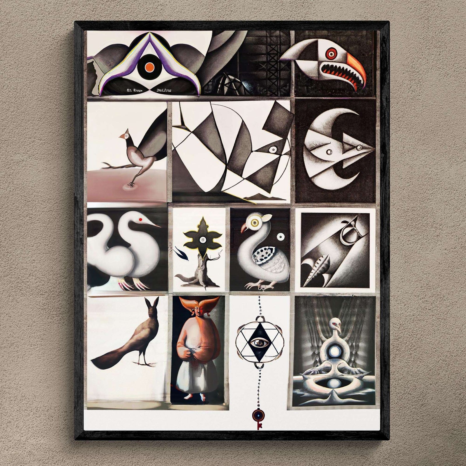 Aviary: Original Surrealist Art | Crow, Raven, Owl, Weird, Strange, Digital Art | Bird Lover Watching, Cubist Framed Giclee Fine Art Print