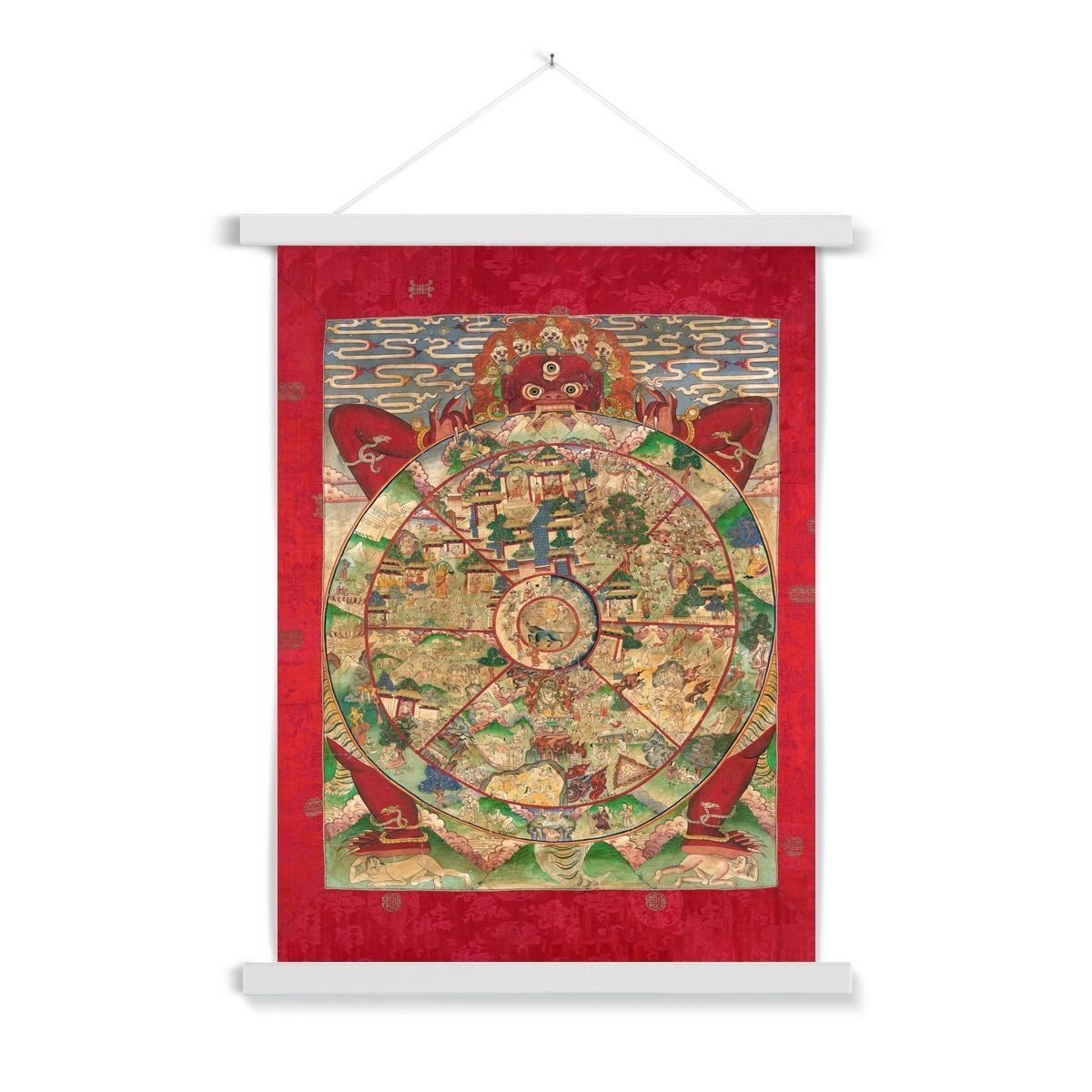 Bhavacakra Mandala (The Wheel of Life) Antique Tibetan Yantra Tantra Deity Buddhist Fine Art Print with Thangka-Style Hanger