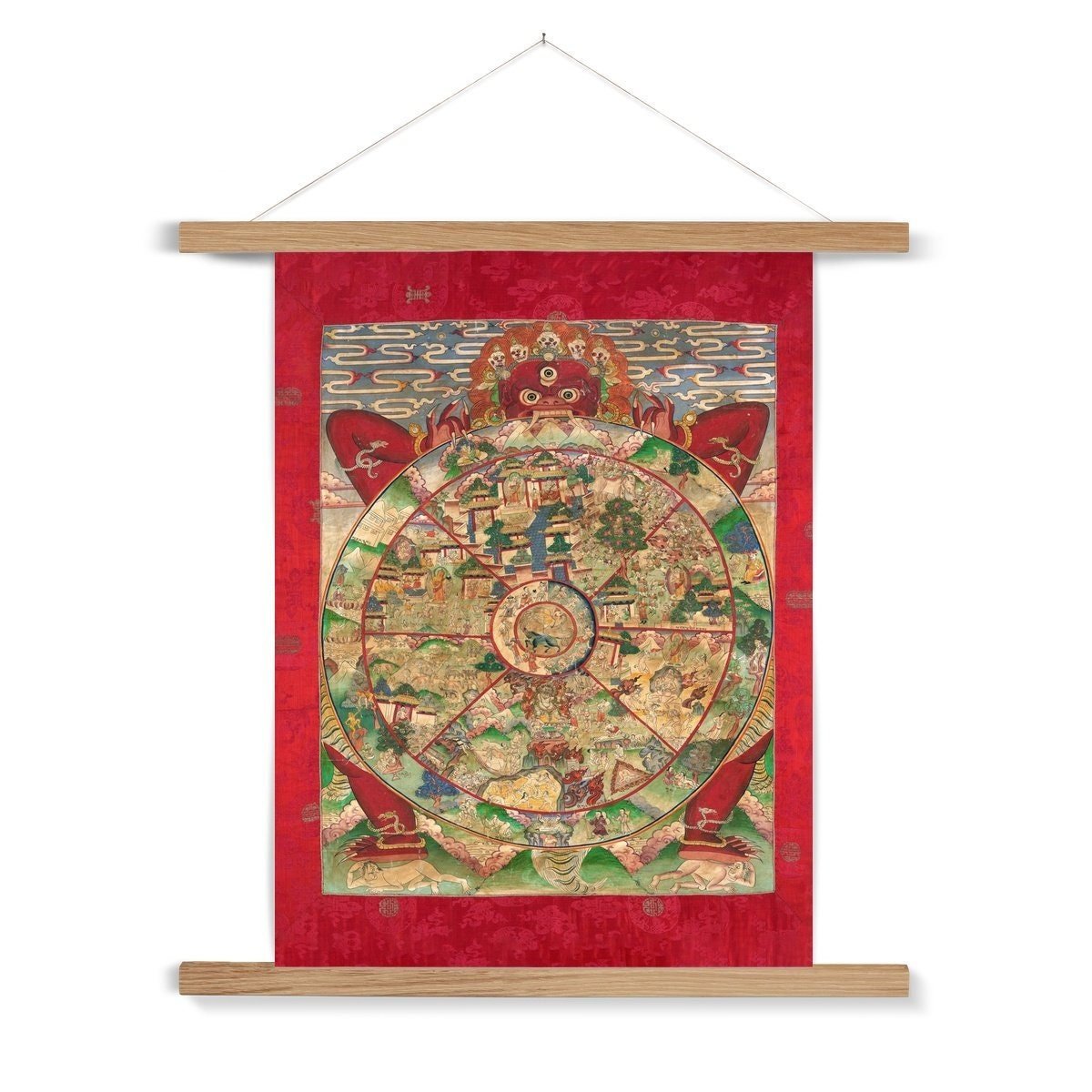 Bhavacakra Mandala (The Wheel of Life) Antique Tibetan Yantra Tantra Deity Buddhist Fine Art Print with Thangka-Style Hanger