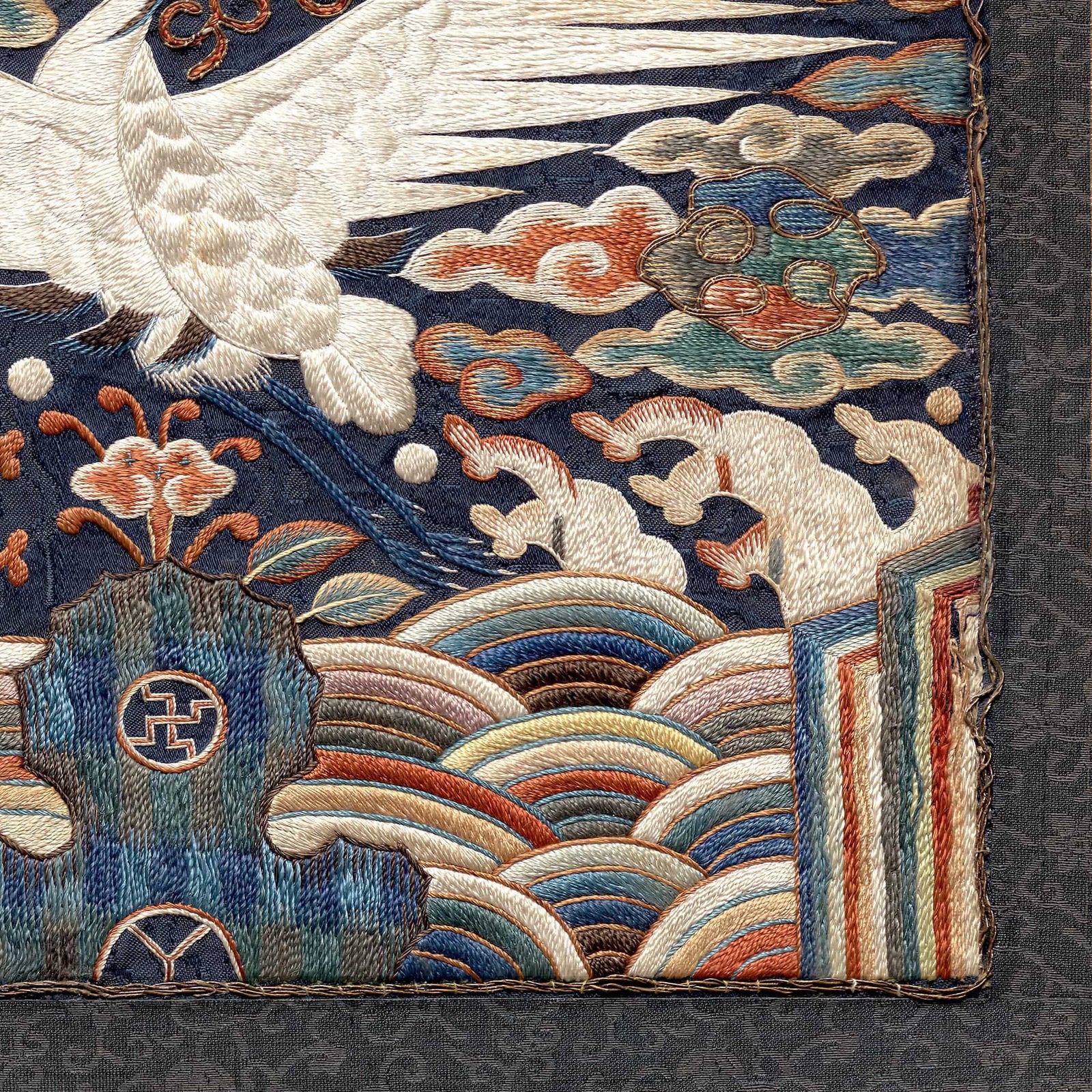 Blue Crane Qing Imperial Dynasty Rank Badge | Silk Embroidery Chinese Textile Art | Longevity and Wisdom Giclée Fine Art Print