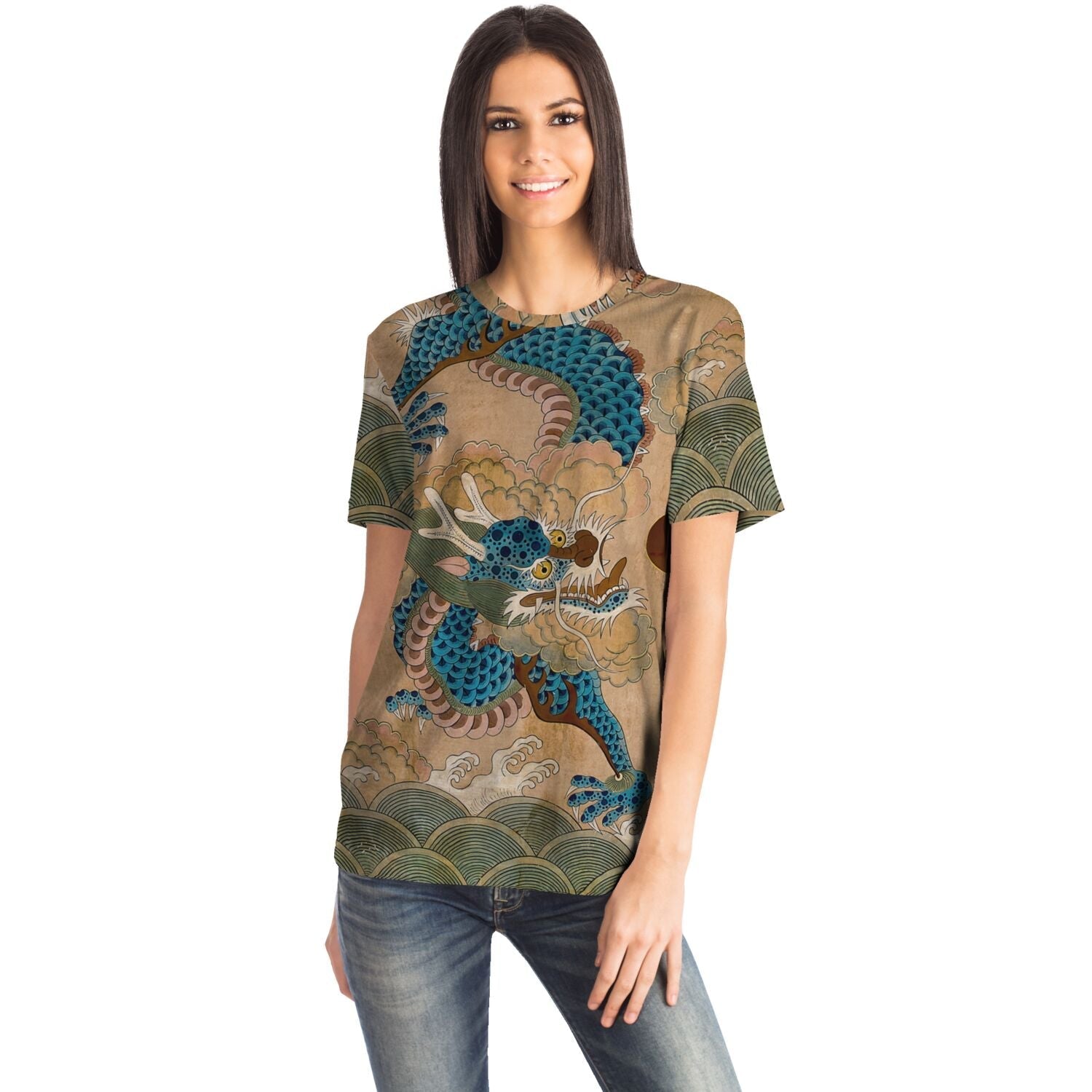 Blue Korean Dragon Auspicious Serpent Deity Asian Folklore Snake Mythology Vintage All-Over Print T-shirt