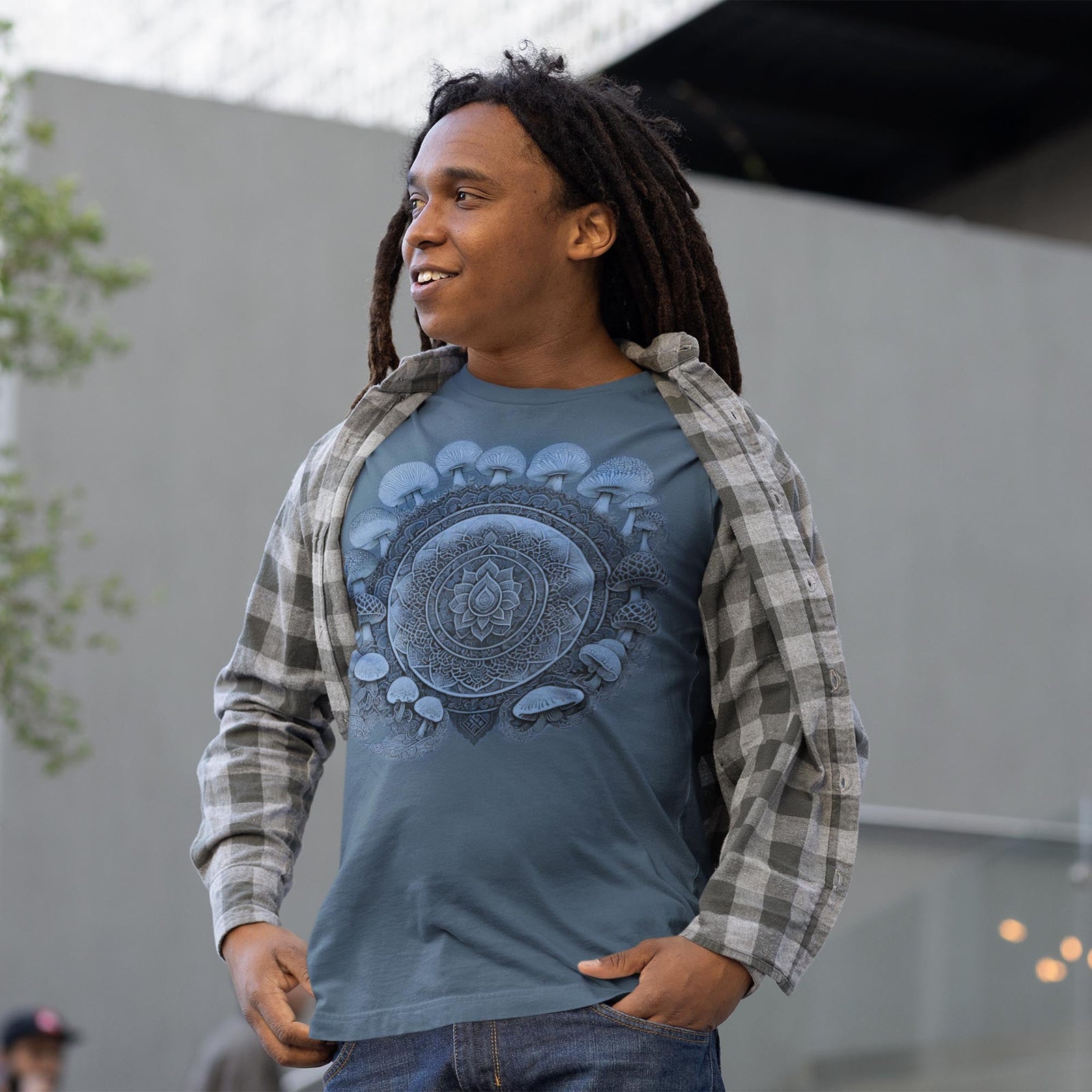 Blue Magic Mushroom Mandala, Psilocybin Shirt, Sacred Geometry Gift, Shrooms Yantra Graphic Art T-Shirt