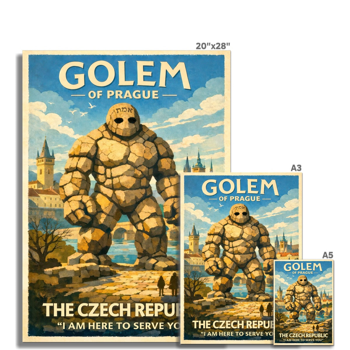 Golem of Prague Travel Poster | Jewish Mysticism Folklore | Vintage Kabbalah Monster, Surreal Fine Art Print