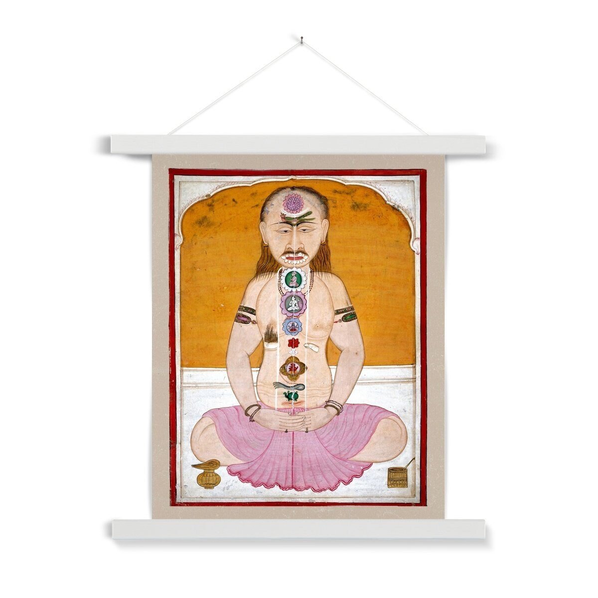 Chakras and Kundalini Vintage Raja Hatha Yoga Nadis Sidhi Sadhu Vedic Spiritual Energy Indian Gift Fine Thangka Style Art Print with Hanger