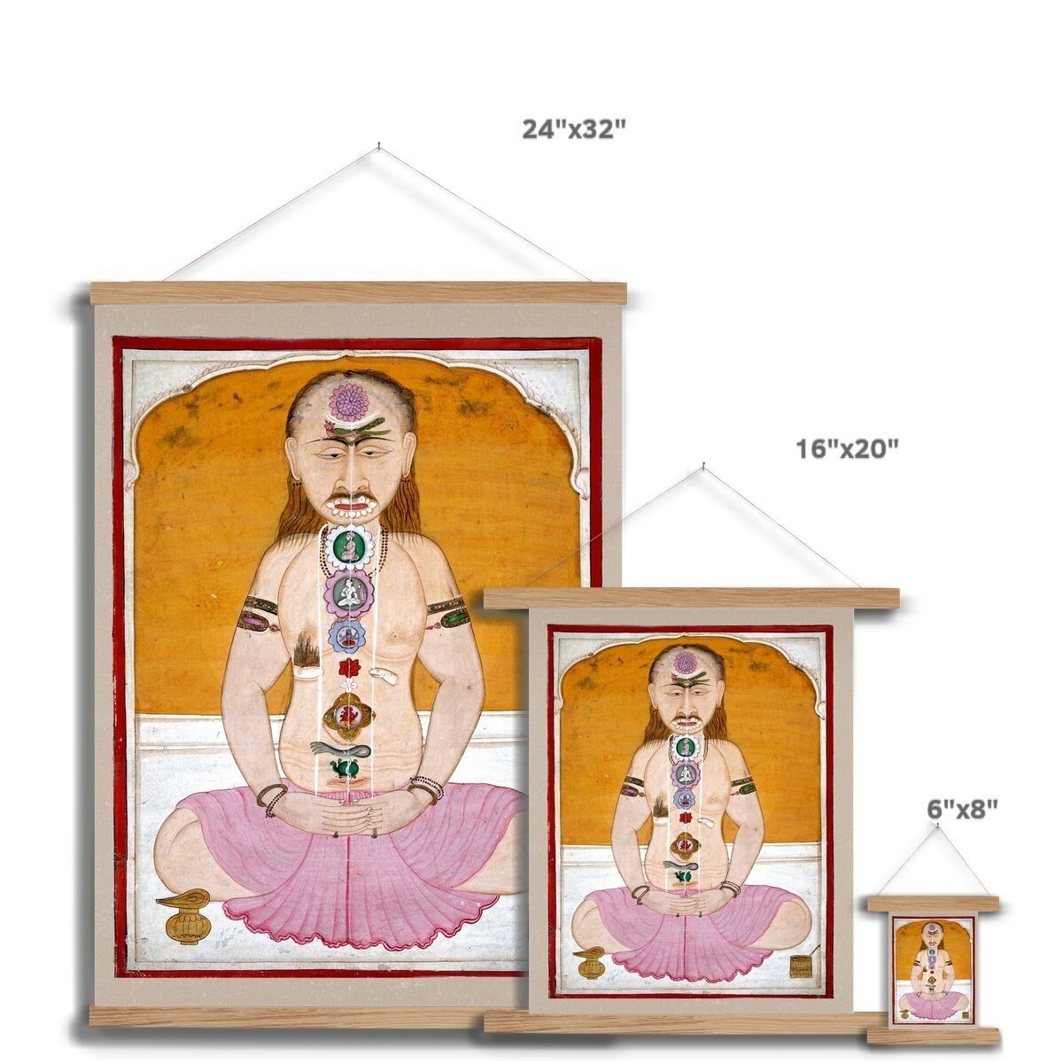 Chakras and Kundalini Vintage Raja Hatha Yoga Nadis Sidhi Sadhu Vedic Spiritual Energy Indian Gift Fine Thangka Style Art Print with Hanger