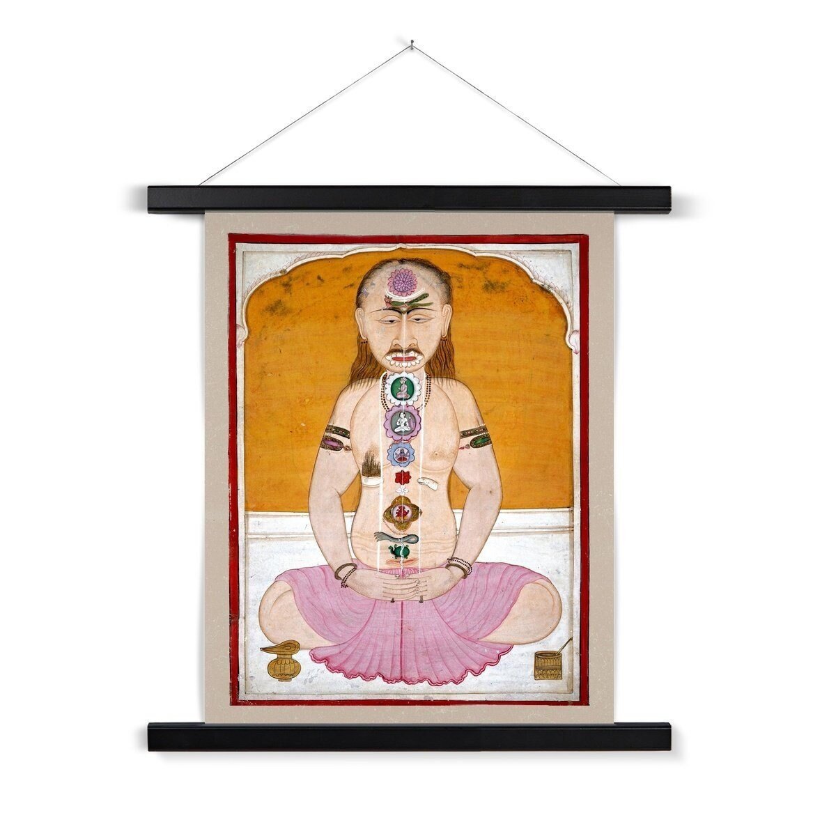 Chakras and Kundalini Vintage Raja Hatha Yoga Nadis Sidhi Sadhu Vedic Spiritual Energy Indian Gift Fine Thangka Style Art Print with Hanger