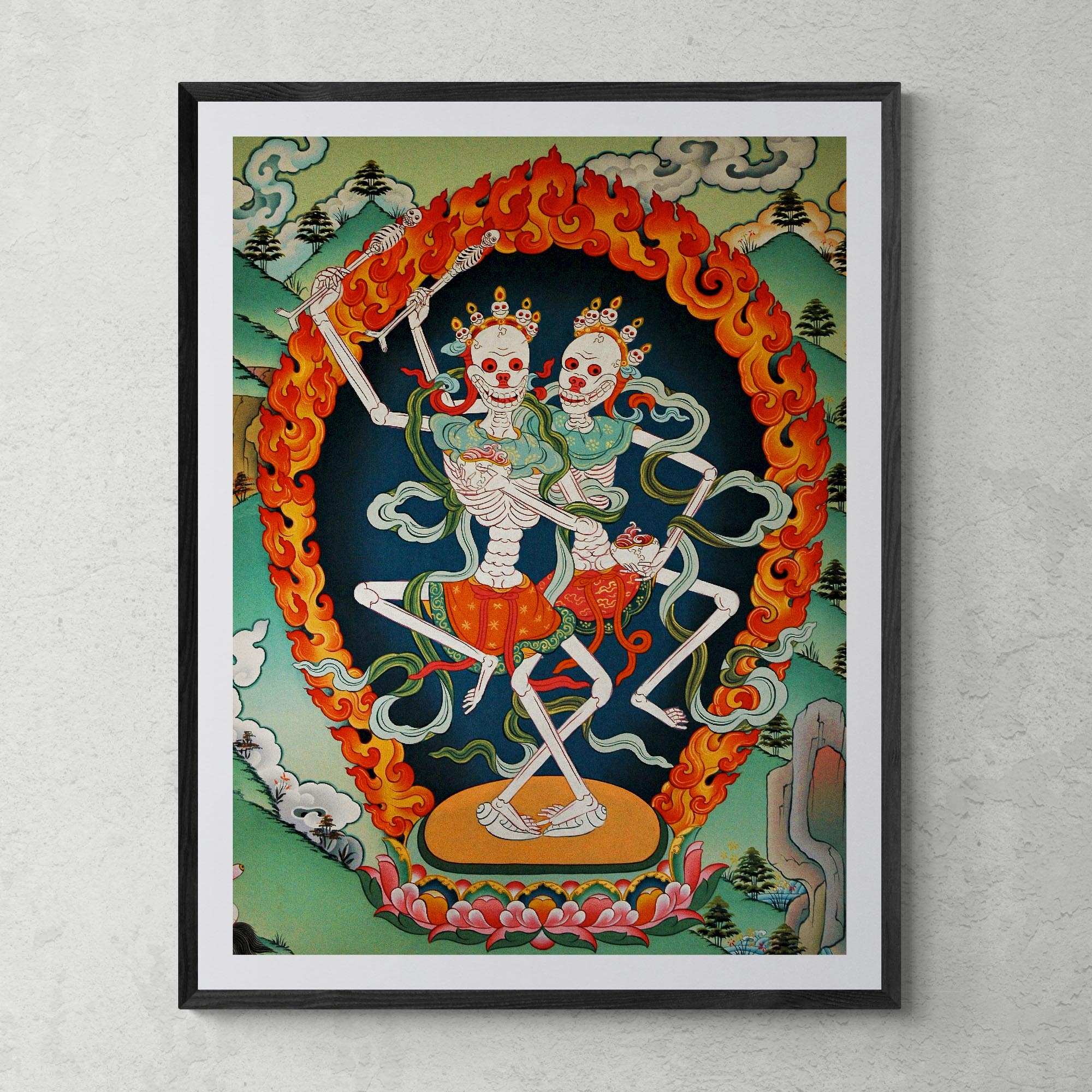Framed Print 6"x8" / Black Frame Citipati, Tibetan Protector, Thangka, Skeleton Lord and Lady of the Cemetery Nepal Buddhist Decor Wall Art Framed Art Print