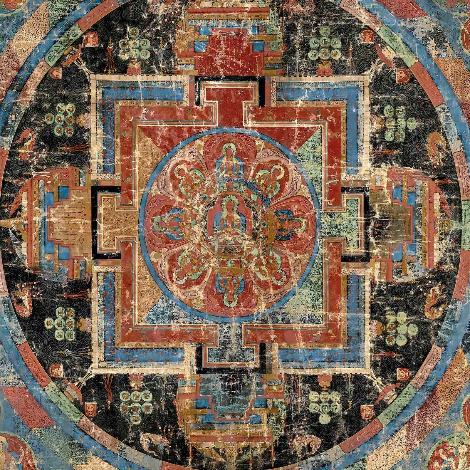 Nine Deity Tibetan Amitayus Mandala Thangka Vintage Nepal Antique Dharma Art | Buddhist Fine Art Print with Hanger