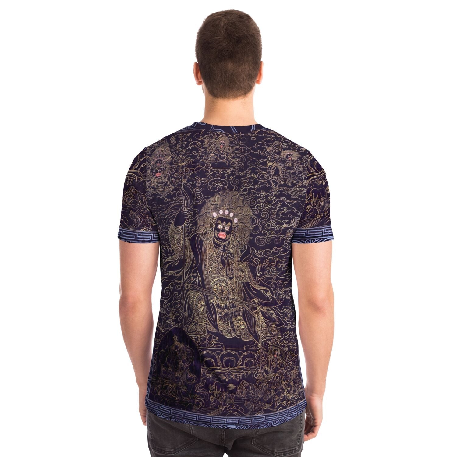 Cobalt and Gold Mahakala | Fierce Tibetan Nepal Mahayana Dharma Protector Thangka | Tantric Tantra All-Over-Print T-Shirt