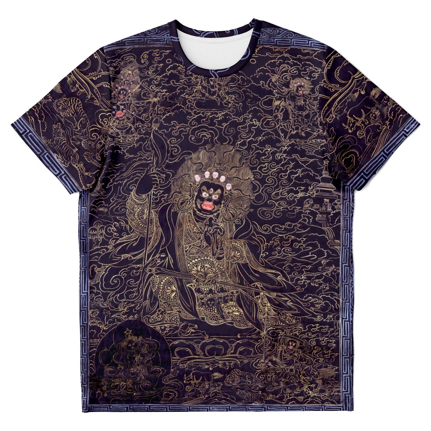 Cobalt and Gold Mahakala | Fierce Tibetan Nepal Mahayana Dharma Protector Thangka | Tantric Tantra All-Over-Print T-Shirt