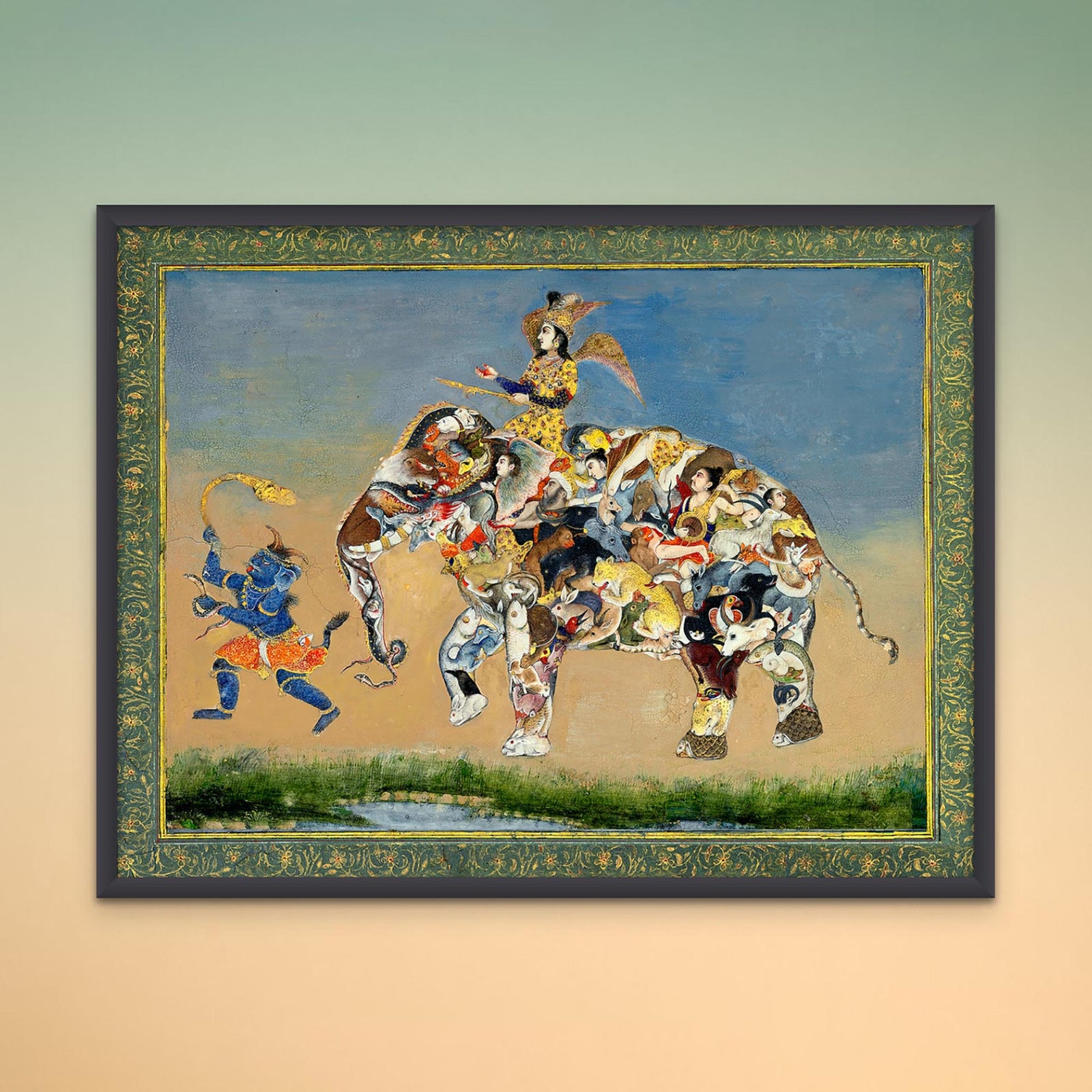 Composite Indian Elephant: 19th Century | Gold Buddhist Asian Persian Mughal Style Framed Art Print