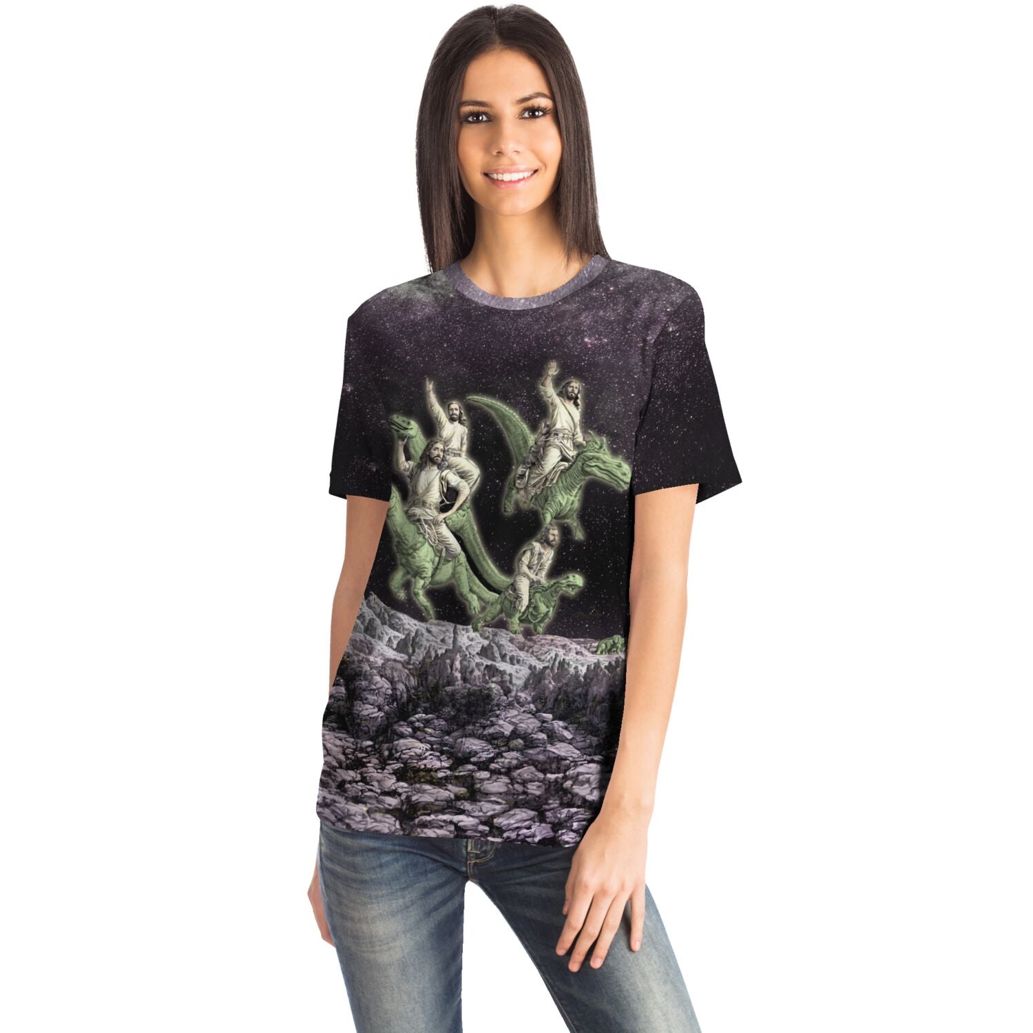 Disco Jesus and the Dinosaurs Funny Fantasy Atheist Tee | Surreal Galaxy Collage Graphic Art T-Shirt