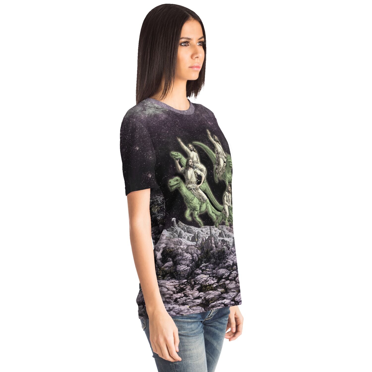 Disco Jesus and the Dinosaurs Funny Fantasy Atheist Tee | Surreal Galaxy Collage Graphic Art T-Shirt