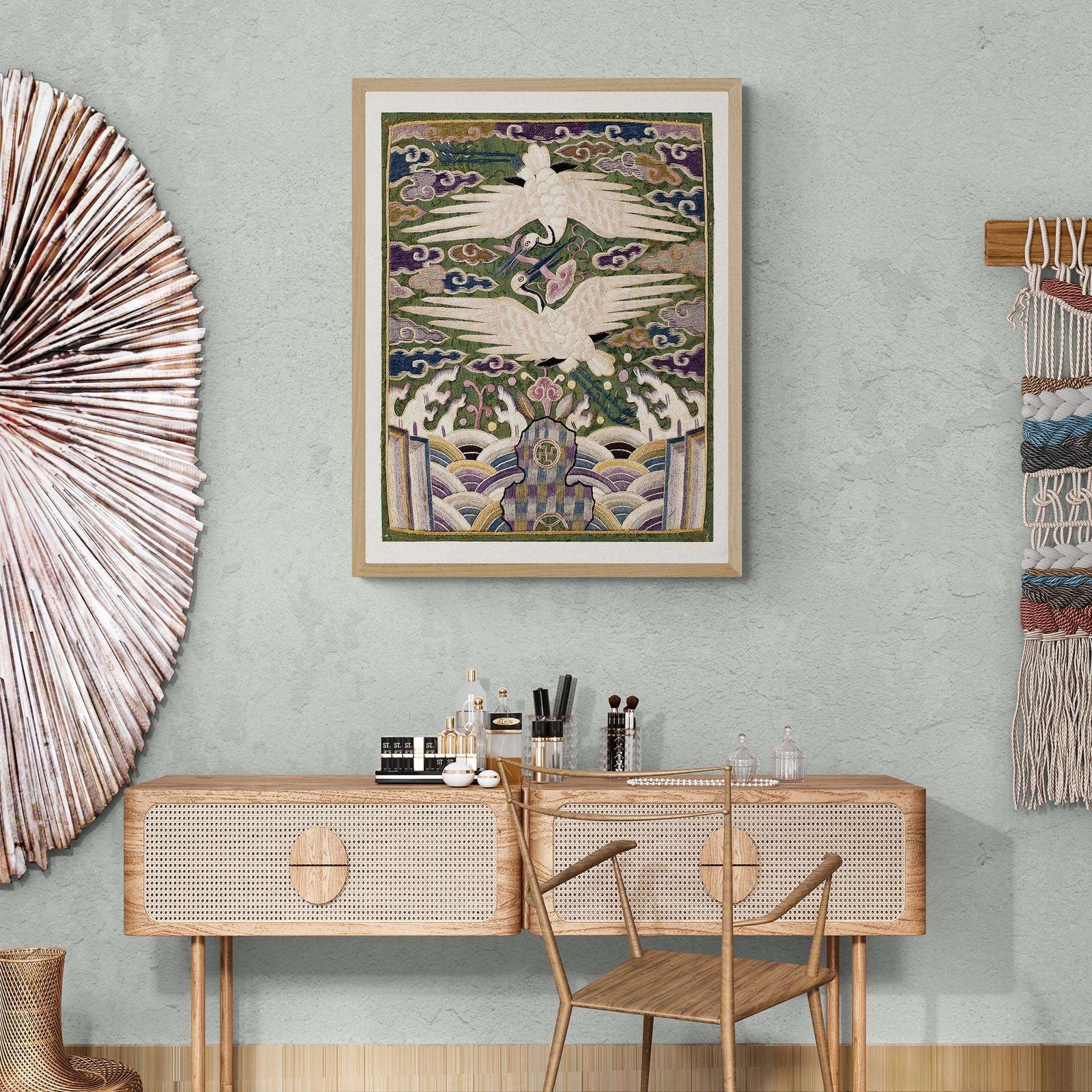 Double Swans Embroidery Design, Traditional Silk Hyungbae Textile, Vintage Korean Cranes, Bird Lover Gift Giclée Fine Art Print