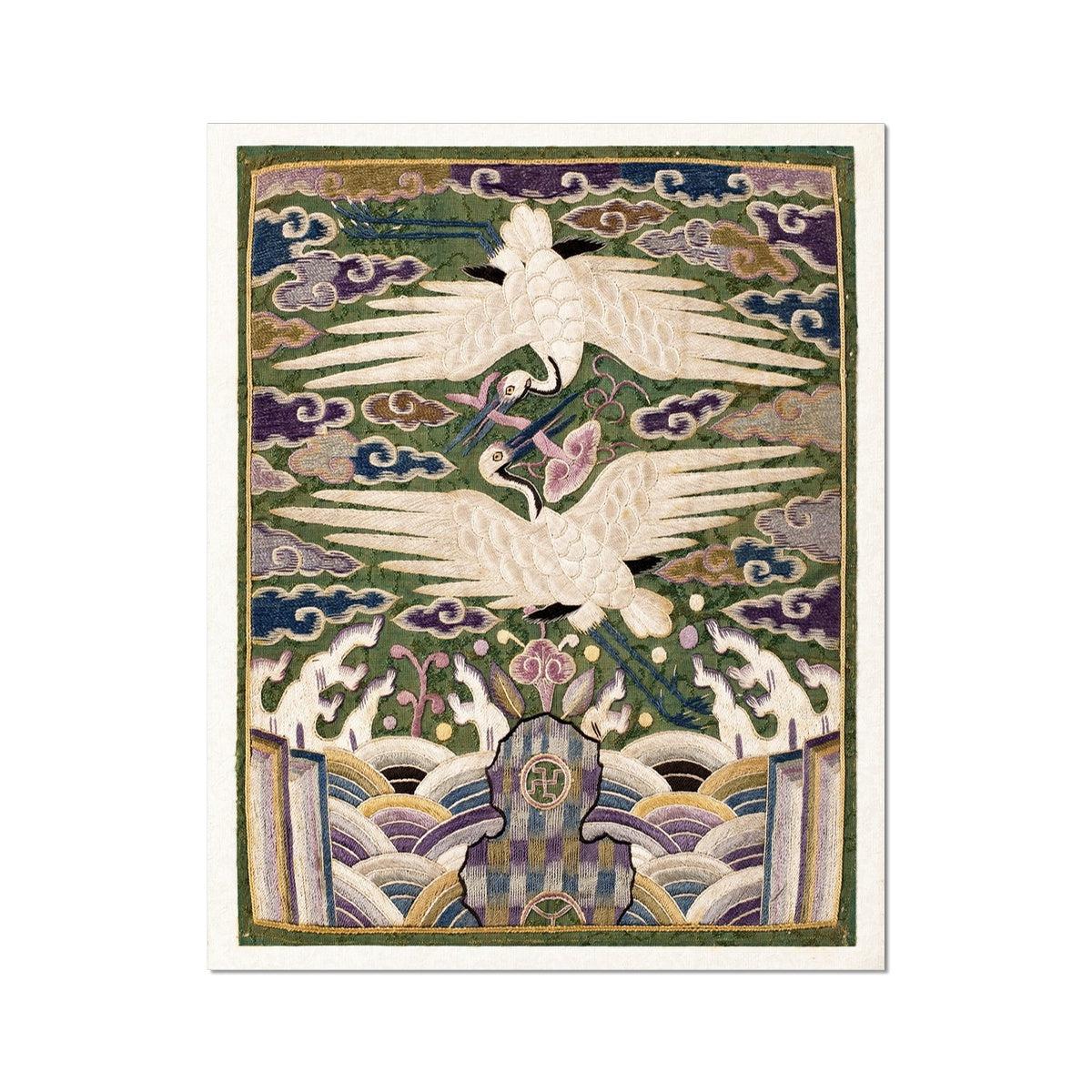 Double Swans Embroidery Design, Traditional Silk Hyungbae Textile, Vintage Korean Cranes, Bird Lover Gift Giclée Fine Art Print