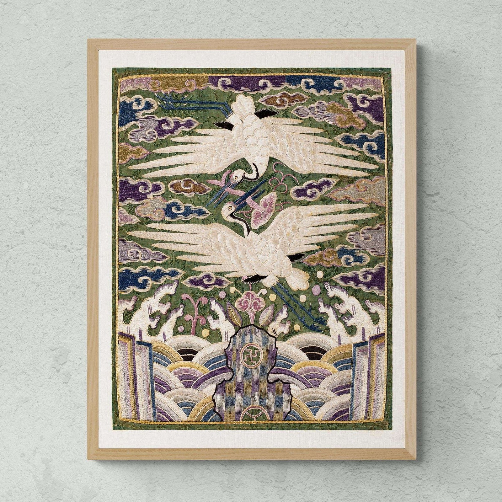 Double Swans Embroidery Design, Traditional Silk Hyungbae Textile, Vintage Korean Cranes, Bird Lover Gift Giclée Fine Art Print