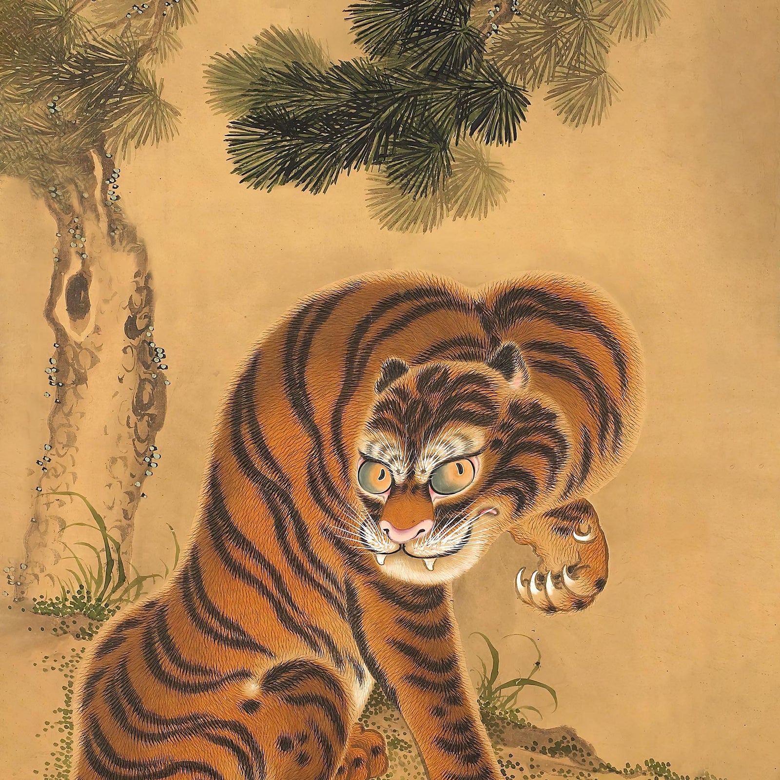 Exquisite Tiger Cleaning its Paw: Japanese Sumi-e Art, Asian Animal Nature Wildlife Jungle Antique Vintage Framed Print
