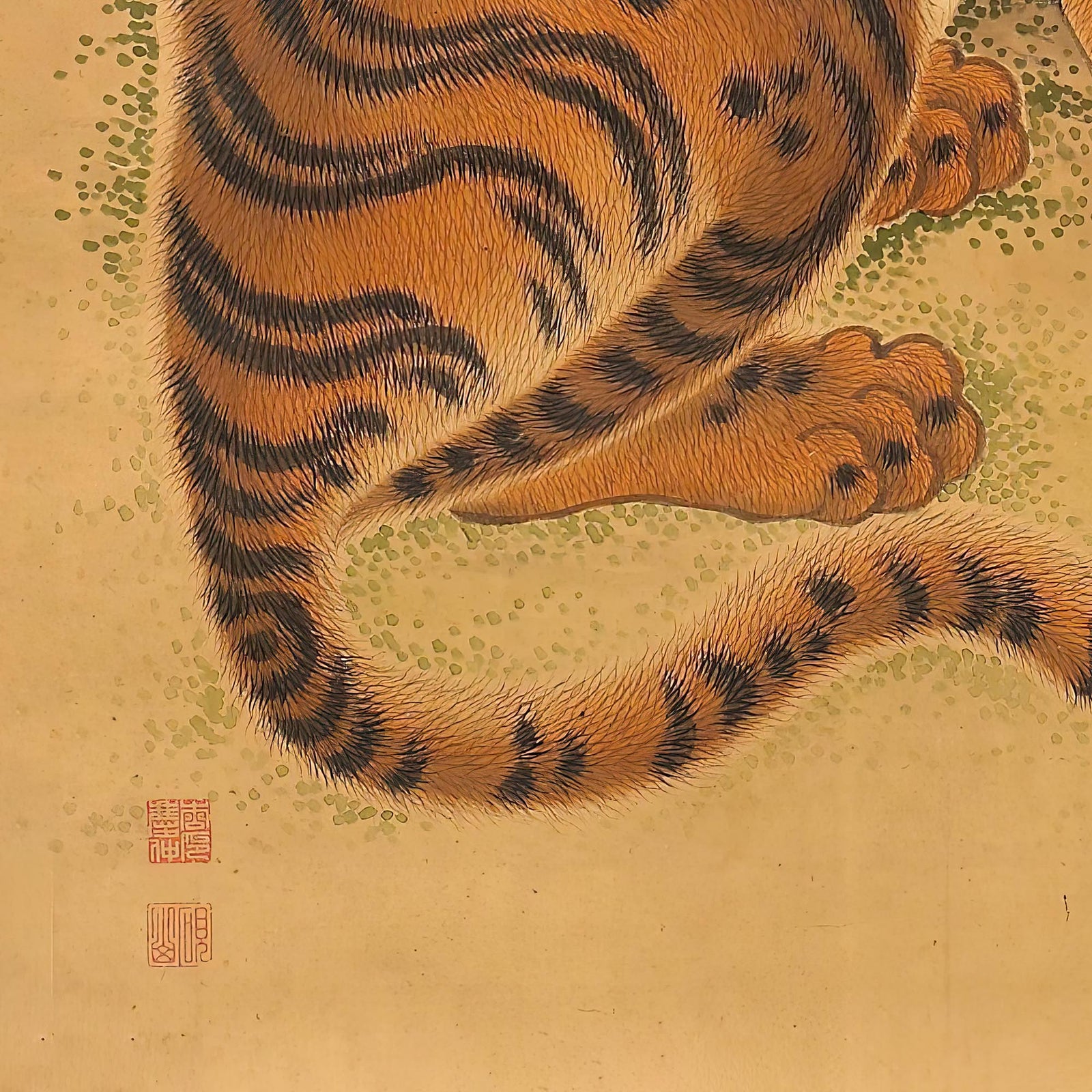 Exquisite Tiger Cleaning its Paw: Japanese Sumi-e Art, Asian Animal Nature Wildlife Jungle Antique Vintage Framed Print
