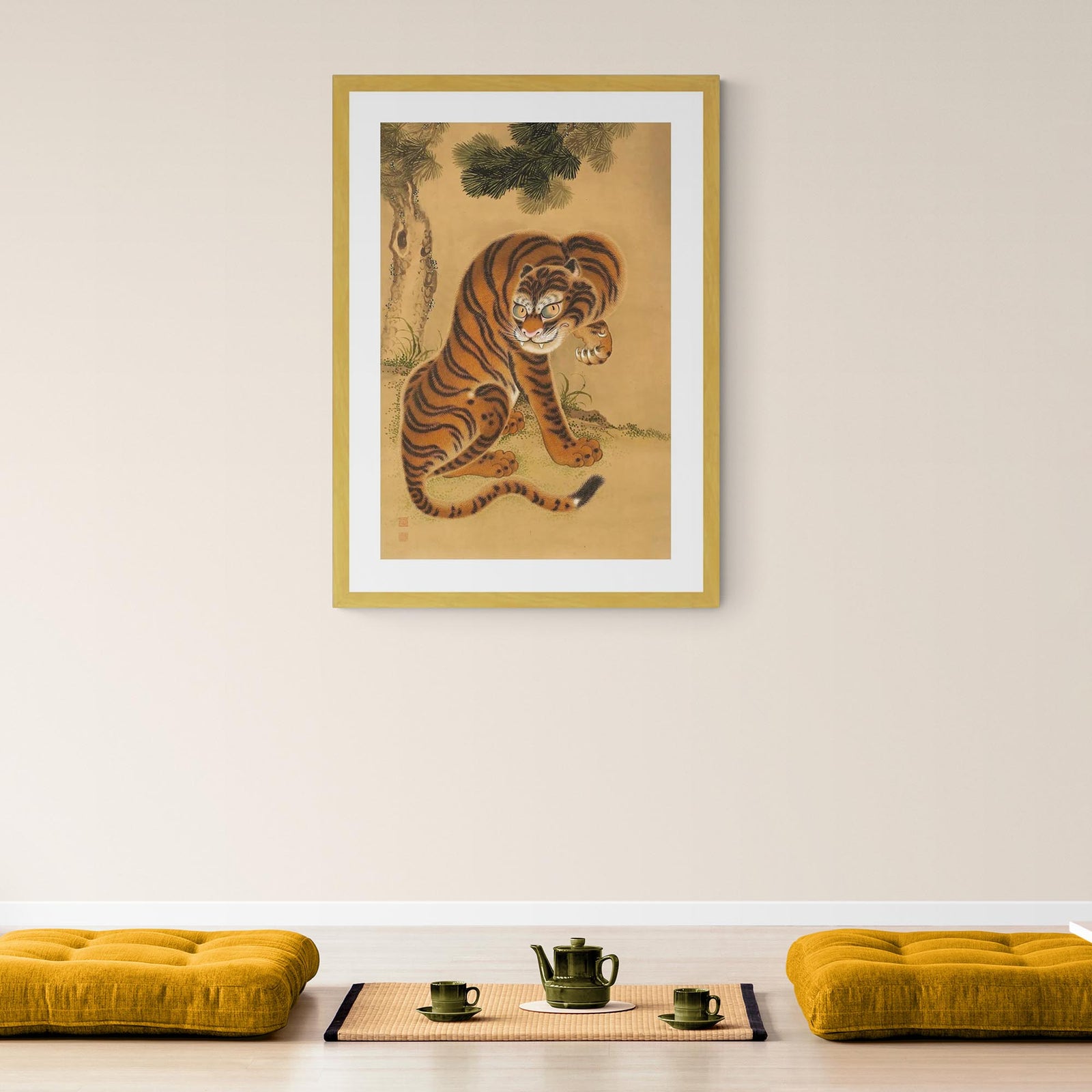 Exquisite Tiger Cleaning its Paw: Japanese Sumi-e Art, Asian Animal Nature Wildlife Jungle Antique Vintage Framed Print