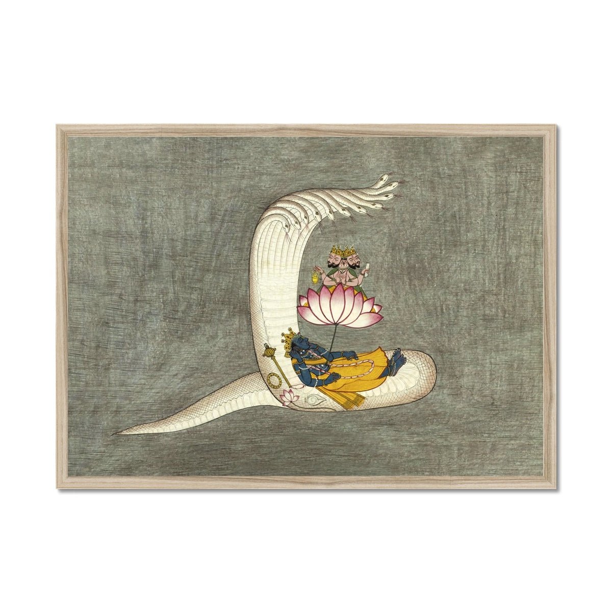 Framed Antique Vishnu, Brahma, Naga, Cosmic Creation Hindu Deity Yoga Yogic Vedic Ganesha Krishna Vishnu Cosmology Framed Art Print