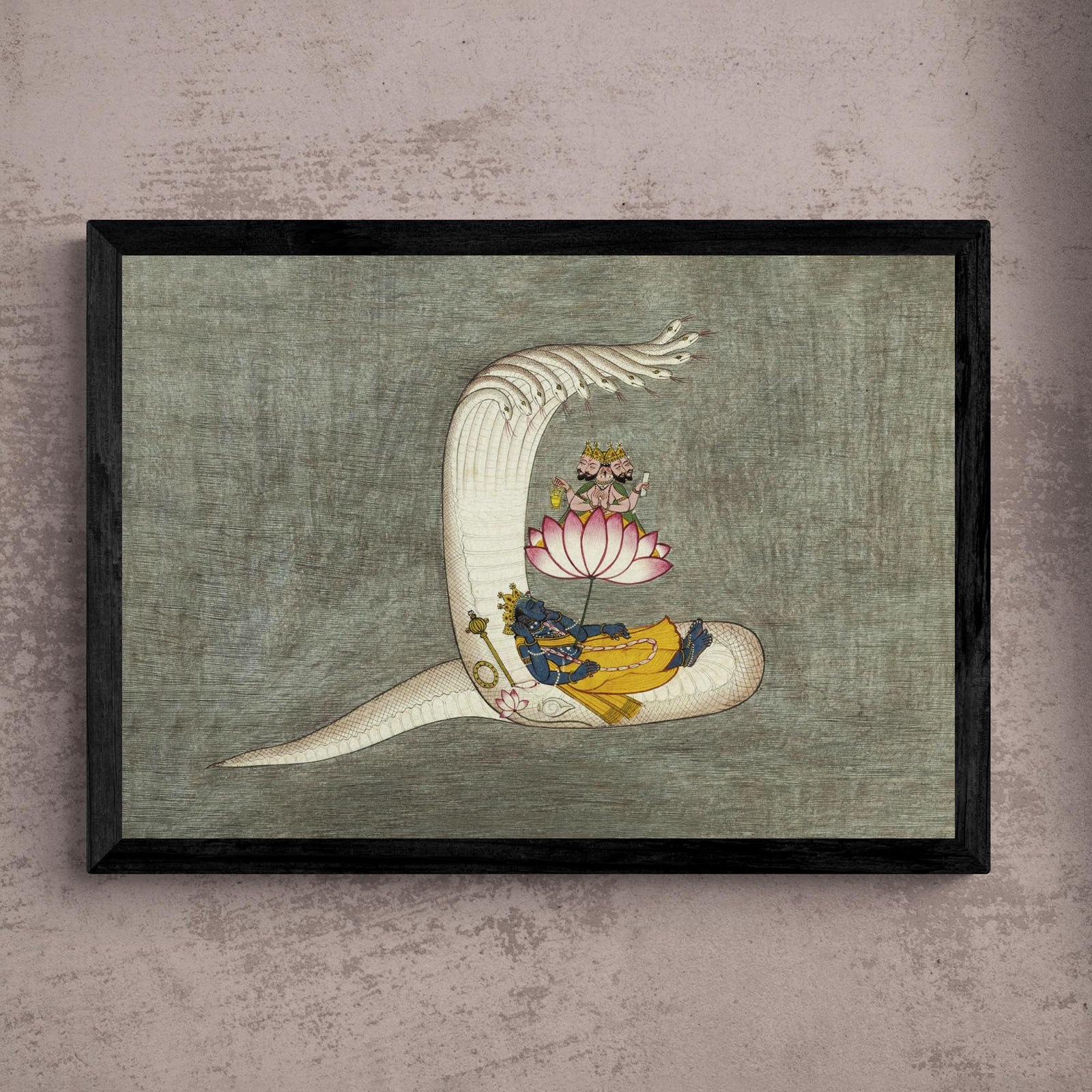 Framed Antique Vishnu, Brahma, Naga, Cosmic Creation Hindu Deity Yoga Yogic Vedic Ganesha Krishna Vishnu Cosmology Framed Art Print