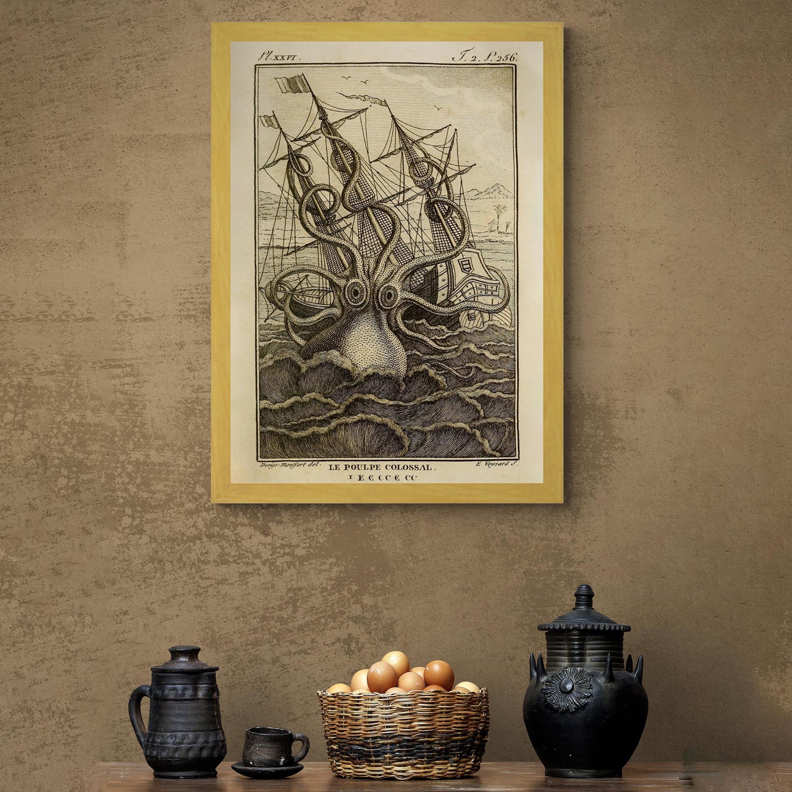 Framed Kraken Sea Monster Attacking Ship | Norse Viking Mythology Giant Squid, Octopus Antique Framed Fine Art Print