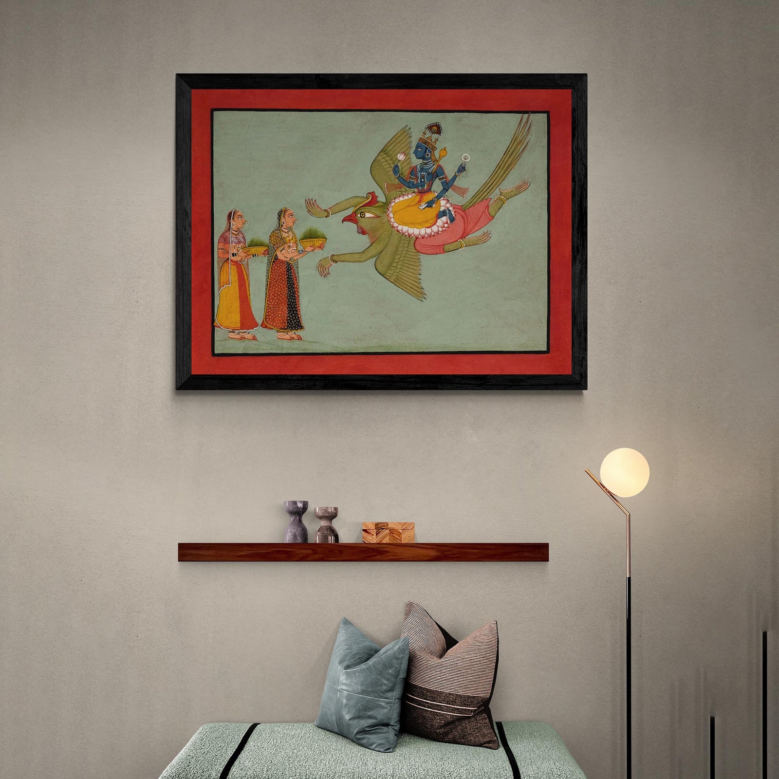 Framed Krishna Riding Garuda | Hindu Indian Mythology | Upanishads, Vedas (Hanuman, Shiva, Lord Vishnu, Kali) Vintage Devotional Framed Art Print