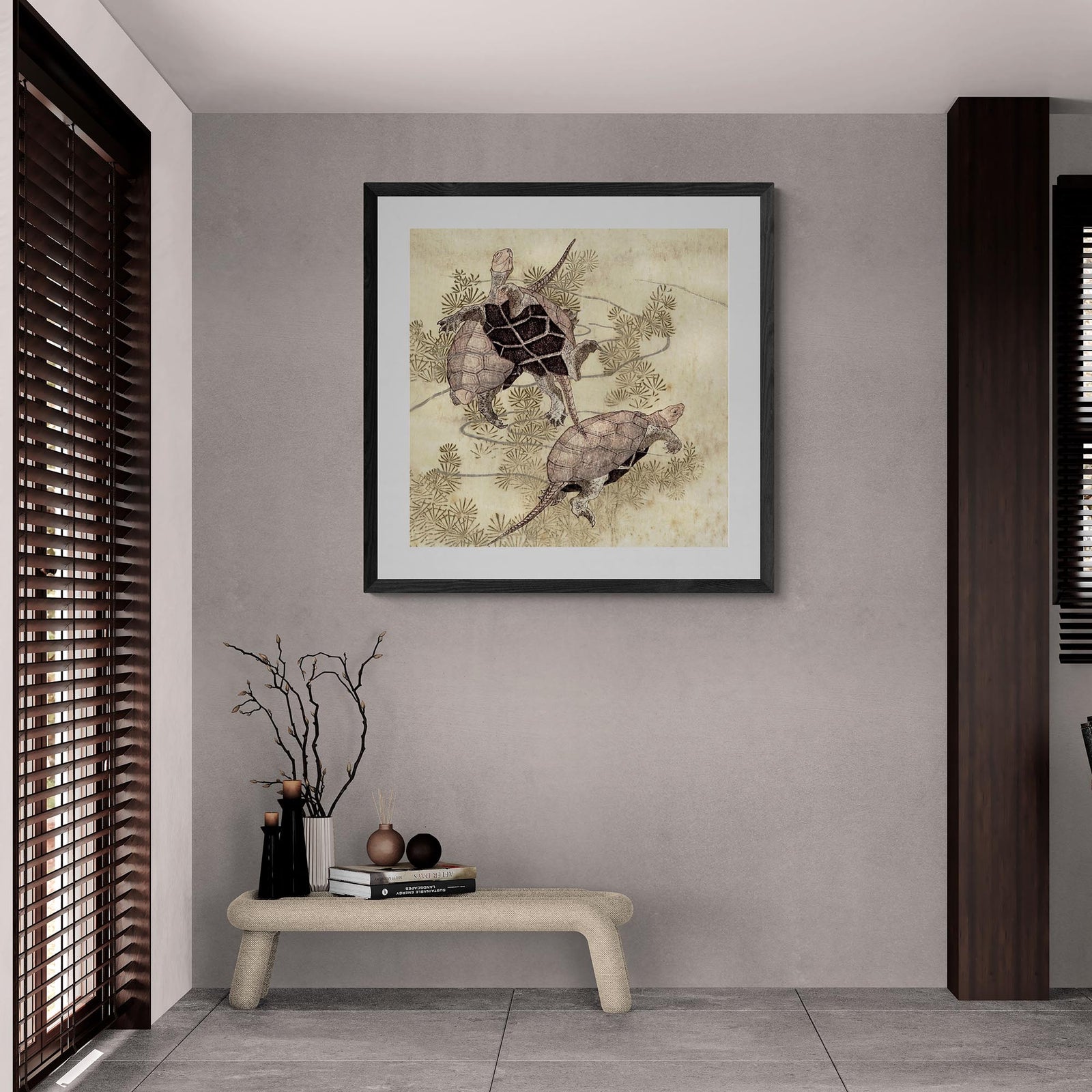 Framed Sea Turtles (Yashima Gakutei) | Edo-Period Japanese Ukiyo-e | Ocean Marine Peaceful Antique Woodblock Framed & Mounted Print