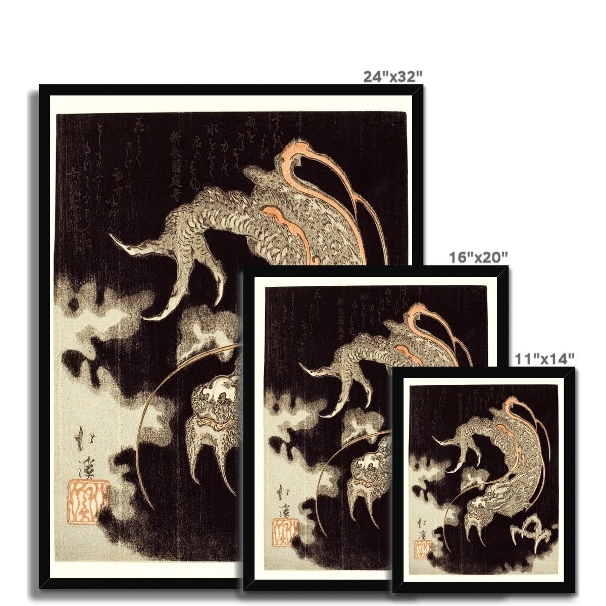 Framed Storm Dragon Against a Black Sky with Clouds and Poems, Totoya Hokkei Japanese Framed Print
