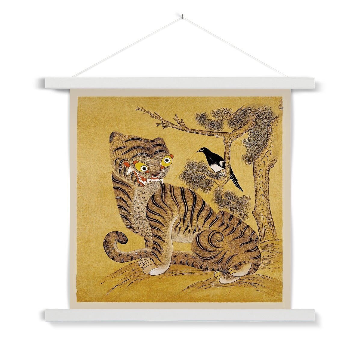 Freaky Tiger and Magpie: Korean 19th-Century Minhwa Folk Painting | Vintage Bird Cute Kawaii Gift | Lion Leopard Poster Print with Hanger