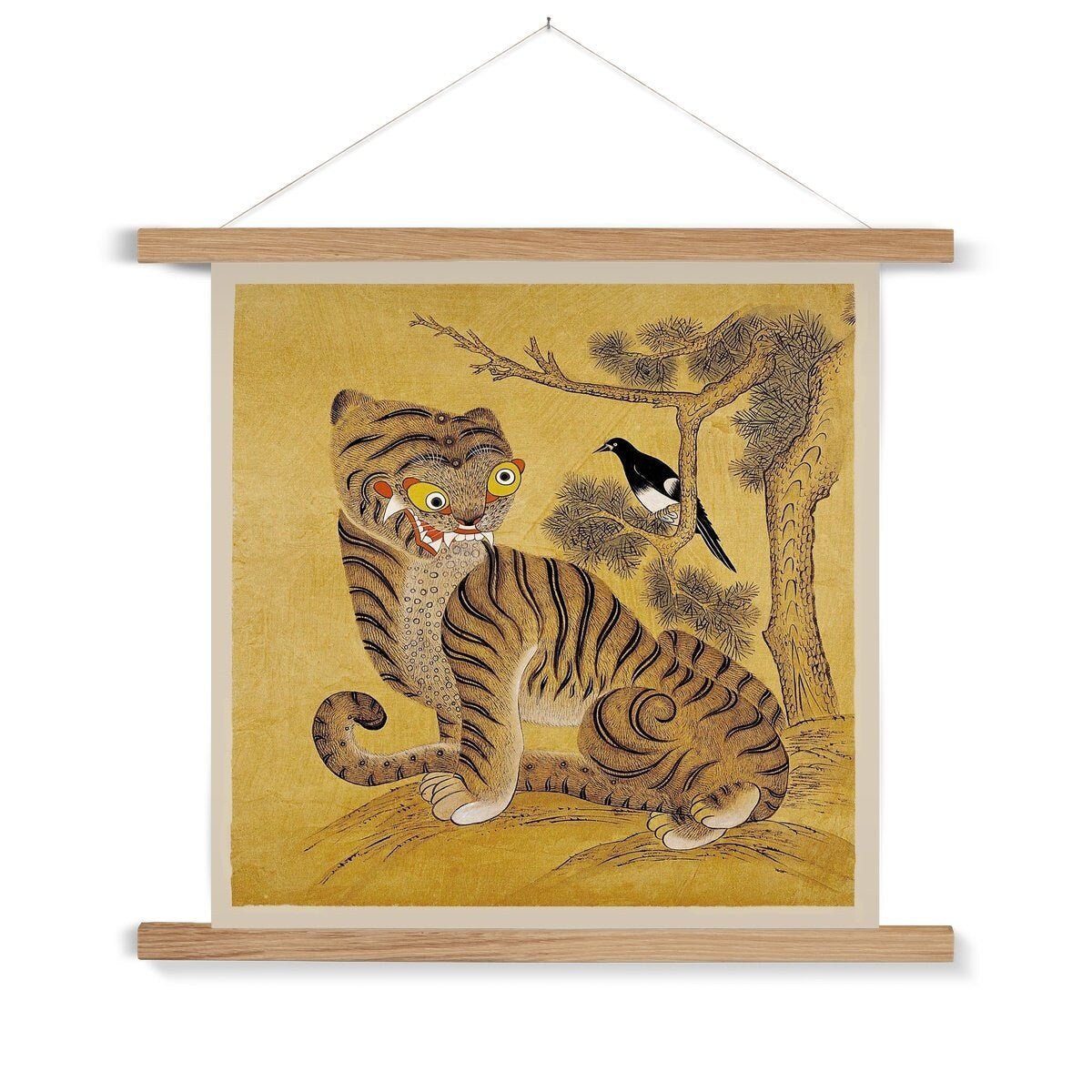Freaky Tiger and Magpie: Korean 19th-Century Minhwa Folk Painting | Vintage Bird Cute Kawaii Gift | Lion Leopard Poster Print with Hanger