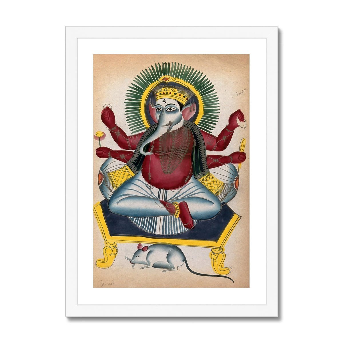 Ganesha Kalighat 19th Century Painting | Ganapati Wisdom Indian Hindu Knowlege Deity Framed Art Print