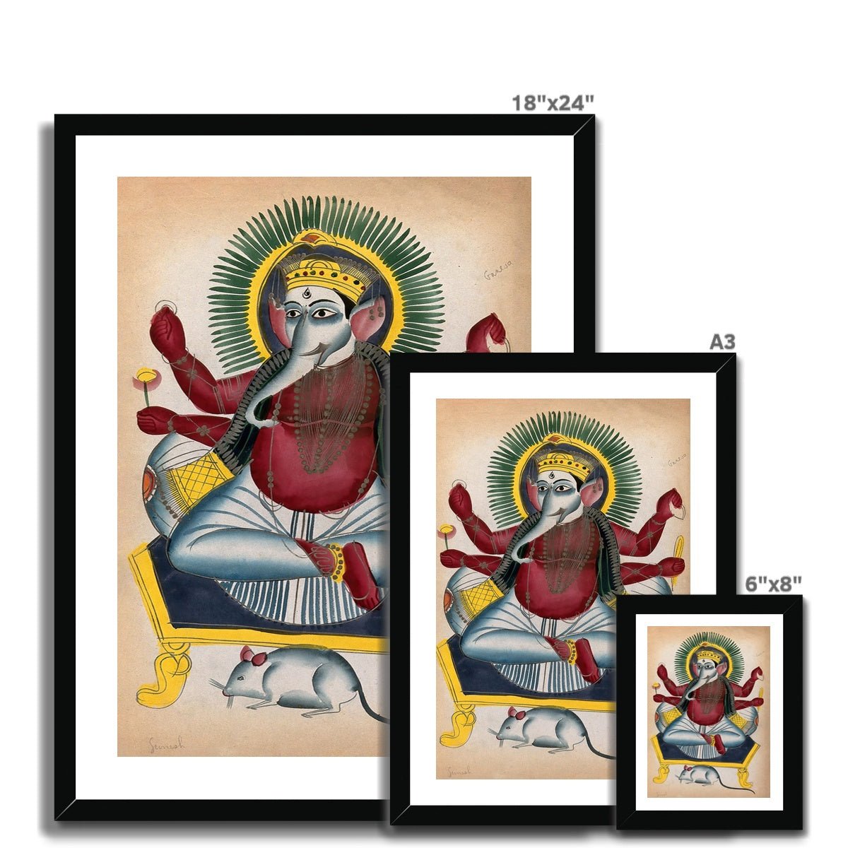 Ganesha Kalighat 19th Century Painting | Ganapati Wisdom Indian Hindu Knowlege Deity Framed Art Print
