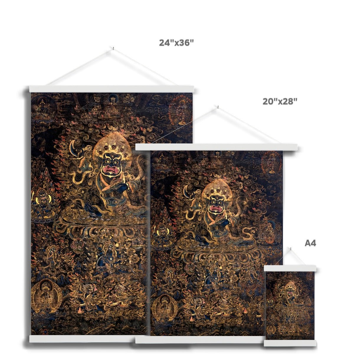 Gold and Black Mahakala Holding a Skull Tibetan Thangka, Nepal, Tantric Vintage Buddhist Fine Art Print with Hanger