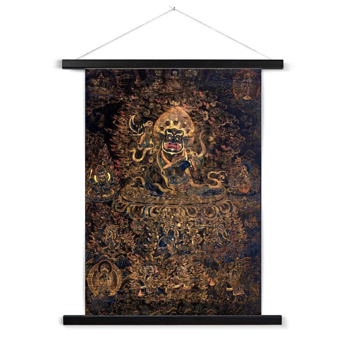 Gold and Black Mahakala Holding a Skull Tibetan Thangka, Nepal, Tantric Vintage Buddhist Fine Art Print with Hanger