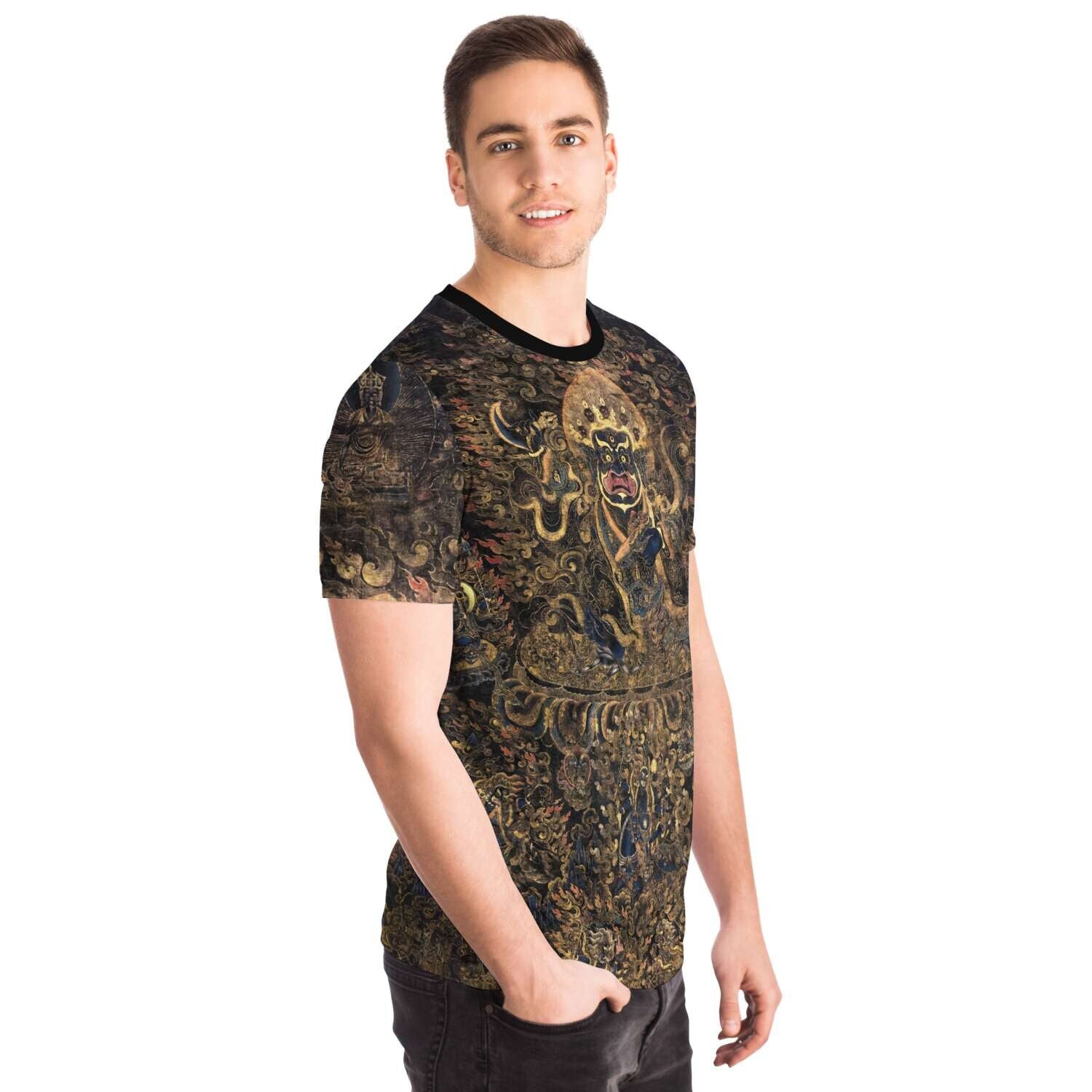 Gold and Black Mahakala Holding a Skull Tibetan Thangka, Nepal, Tantric Vintage Buddhist T-Shirt Tee