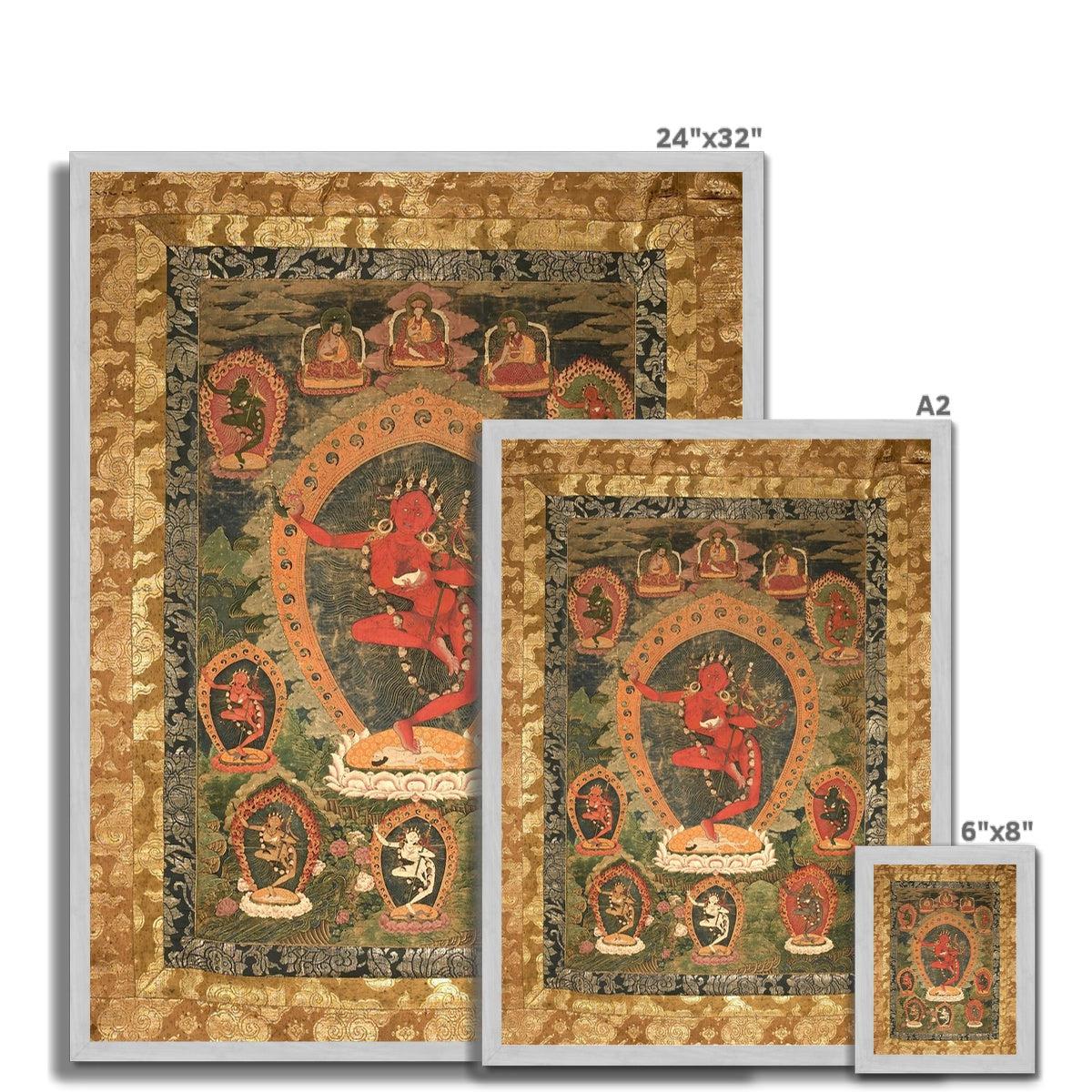 Gold Framed Vajravarahi Thangka, Tibetan Buddhism Fierce Female Deity (Dakini ), Ancient Bhutanese Framed Art Print