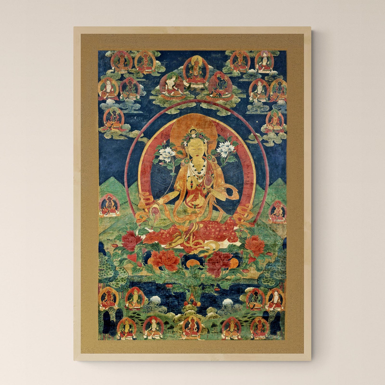 Green Tara (Khadiravani) Tibetan Thangka Buddhist Mythology (Kuan Guan Yin) Antique Dharma Tantra Vintage Buddha Framed Art Print