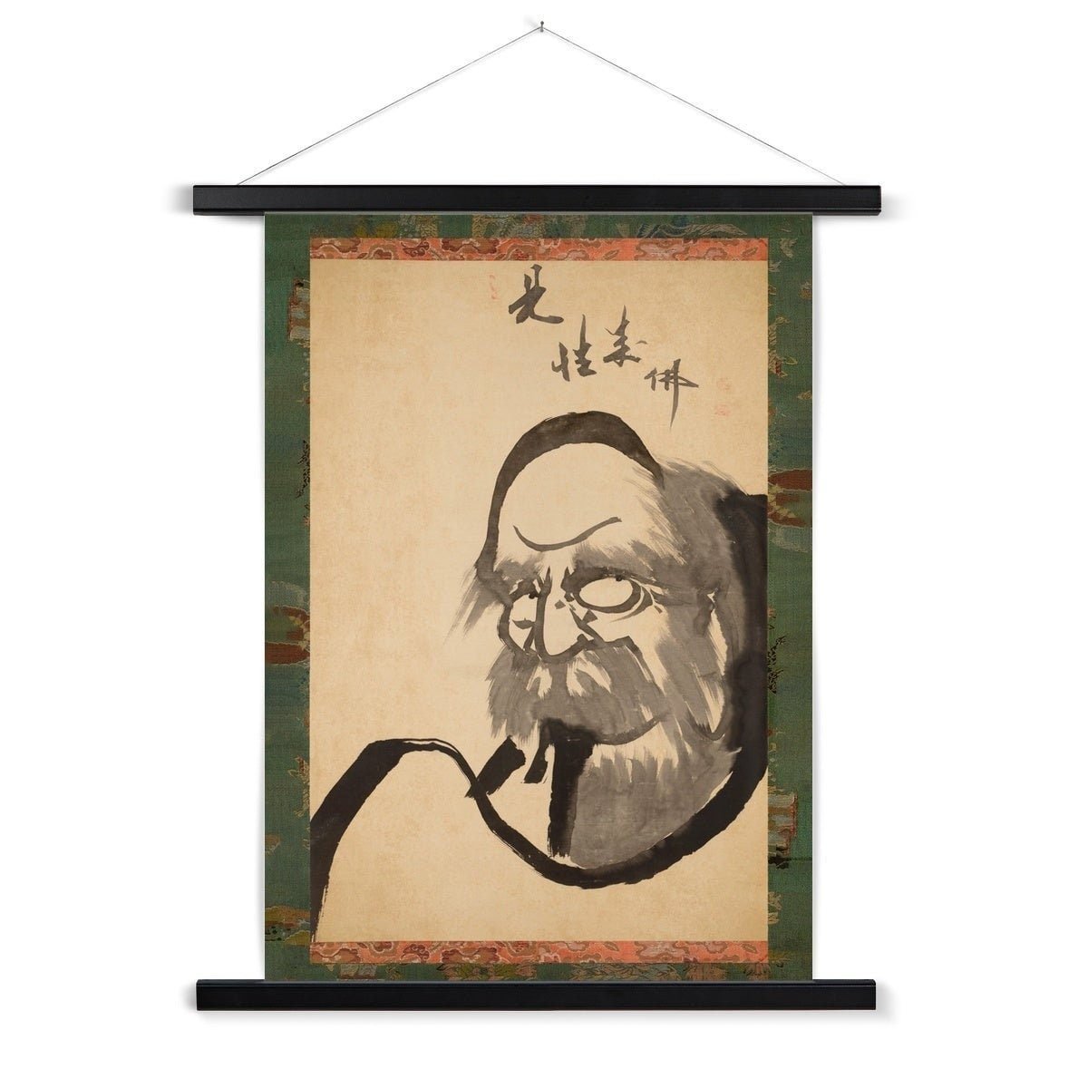 Hakuin's Bodhidharma Brush Painting | Zen Buddhist Master Daruma | Japanese Calligraphy Thangka Style Vintage Fine Art Print with Hanger