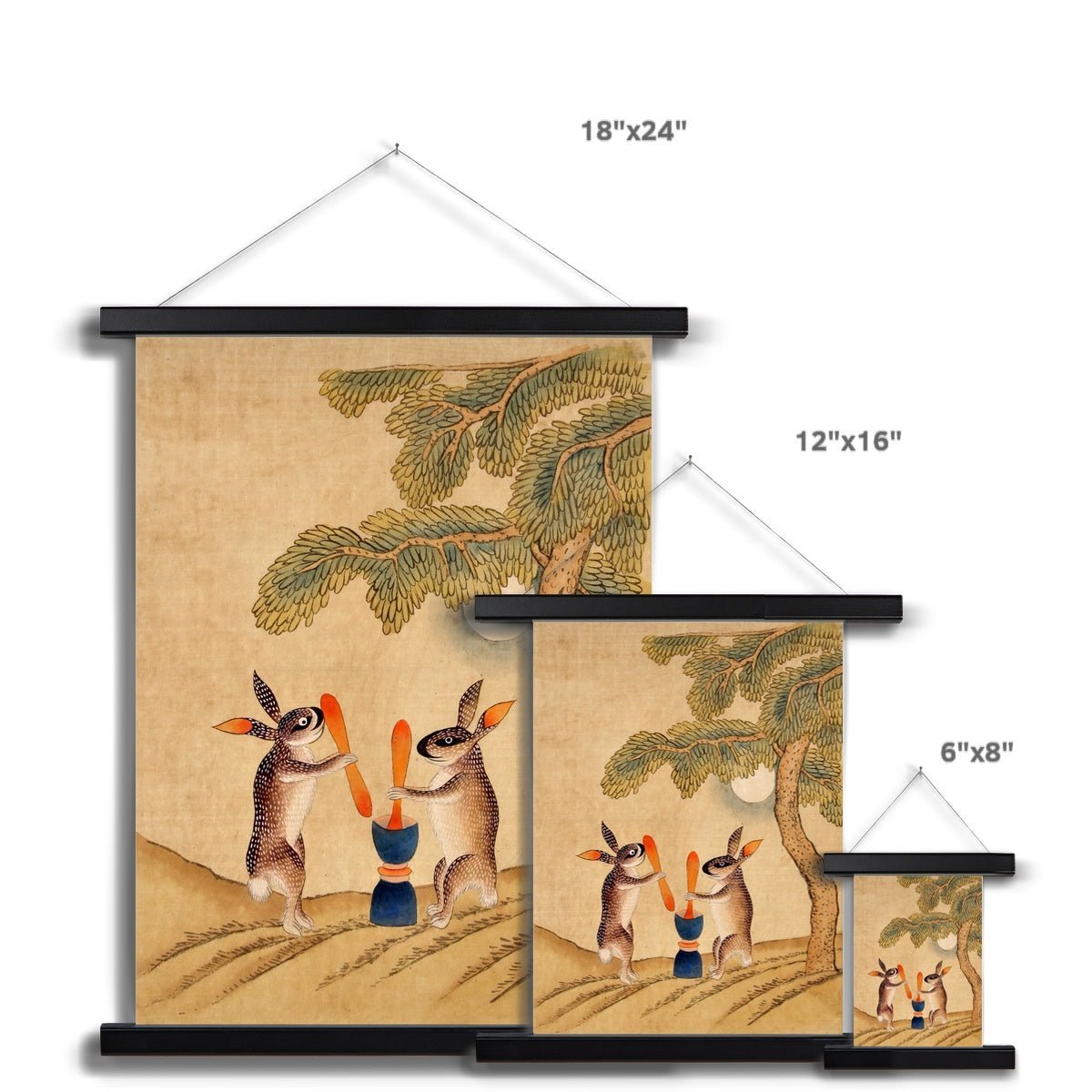 Immortal Moon Bunny | Classic Kawai Minhwa Folk Art | Too Cute Korean Folklore | Jade Rabbit Fine Art Print with Hanger