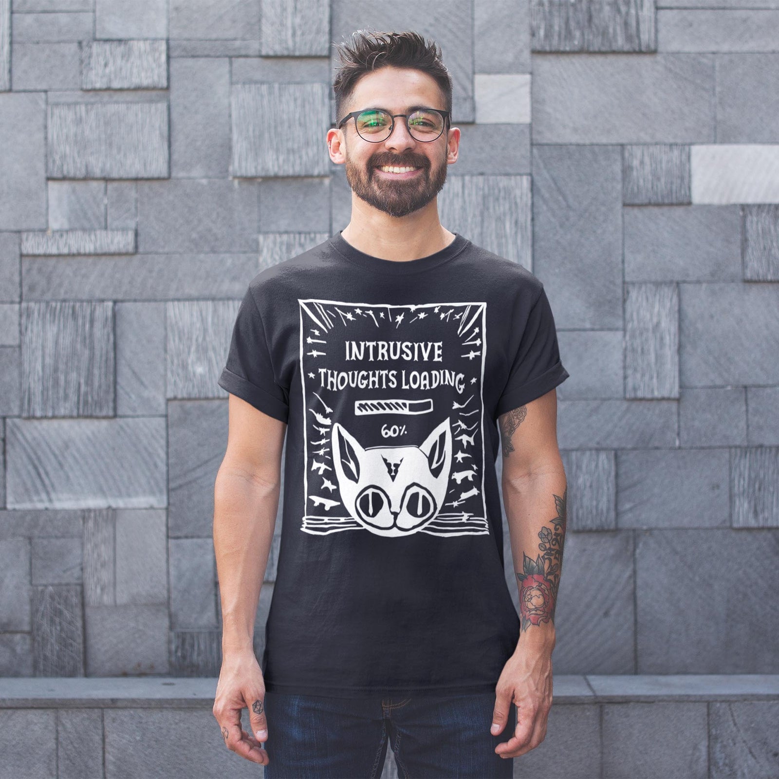 Intrusive Thoughts Loading | Schrödinger's Cat, Mental Health, Absurd Hand-Drawn Lithograph, Weirdcore Graphic Art T-Shirt