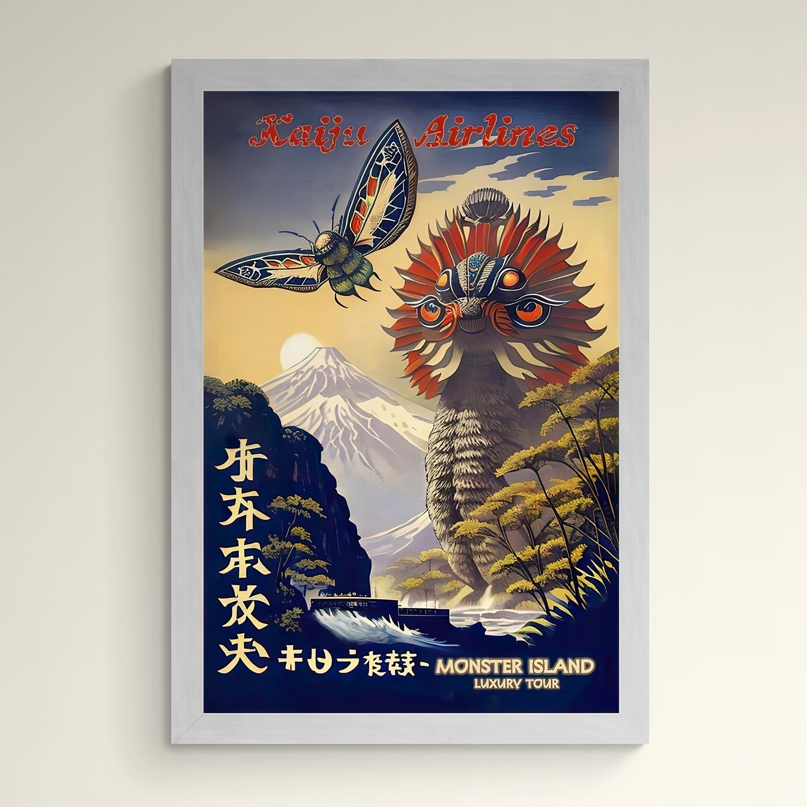 Kaiju Airlines, Monster Island Luxury Tour | Surreal Vintage Travel Poster | Godzilla, Ghidorah, Mothra, Rodan, Gamera Antique Framed Art Print